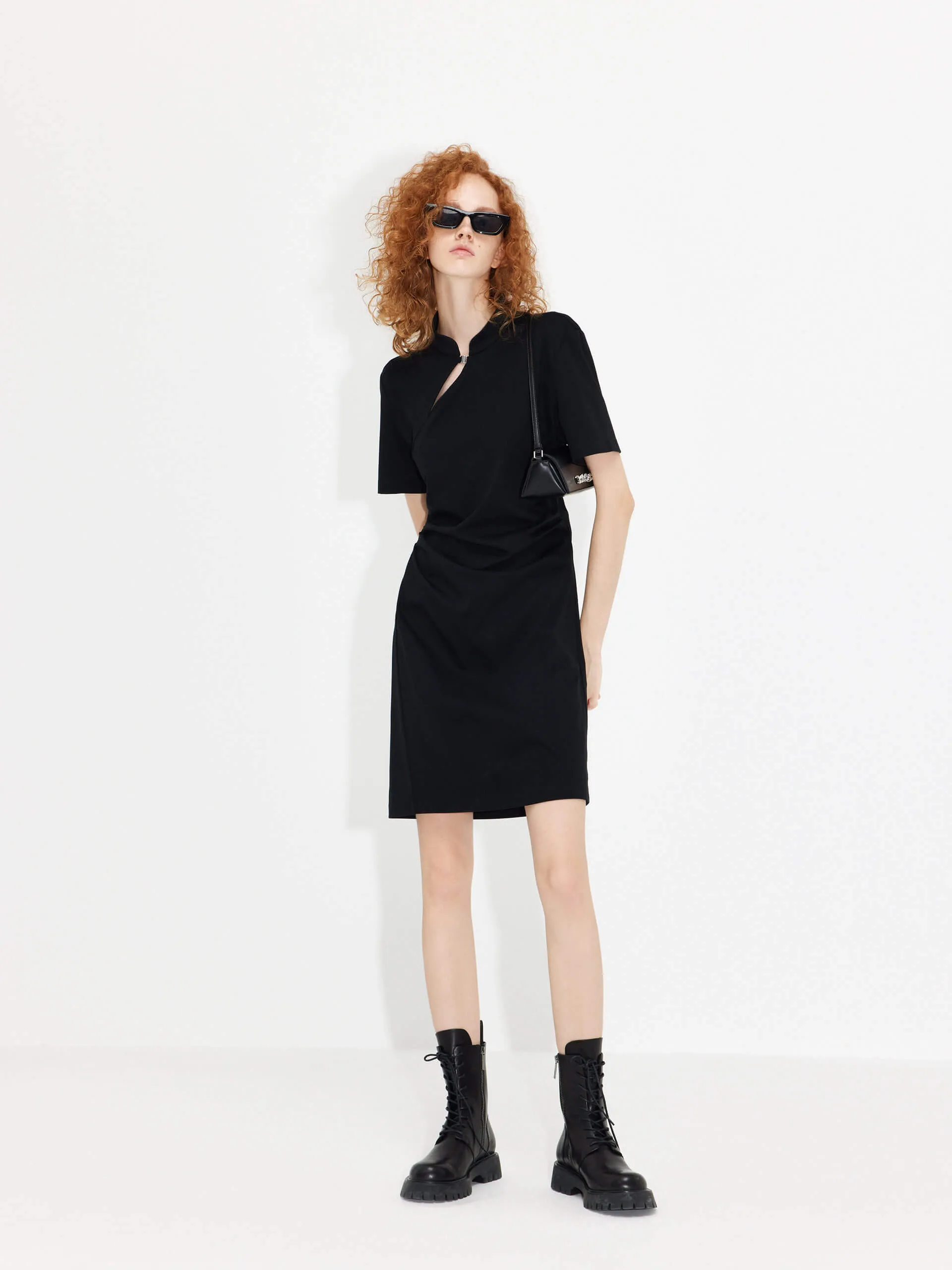 Stand Collar Pleated Dress NoiseFreeFabric
