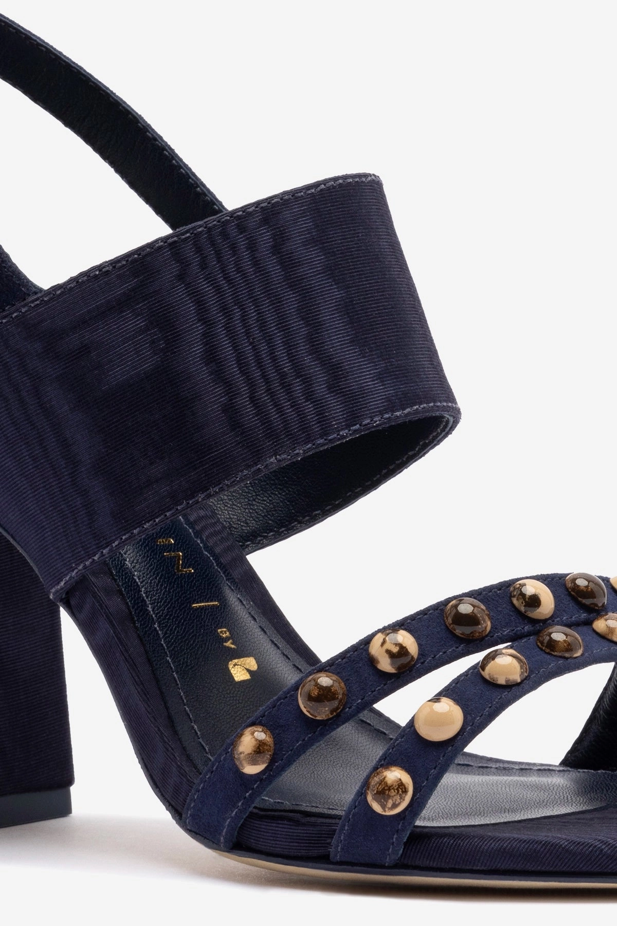 Heel Support Flex form Chloe Gosselin by Larroud?? Margot Sandal In Deep Navy Suede and Navy Satin