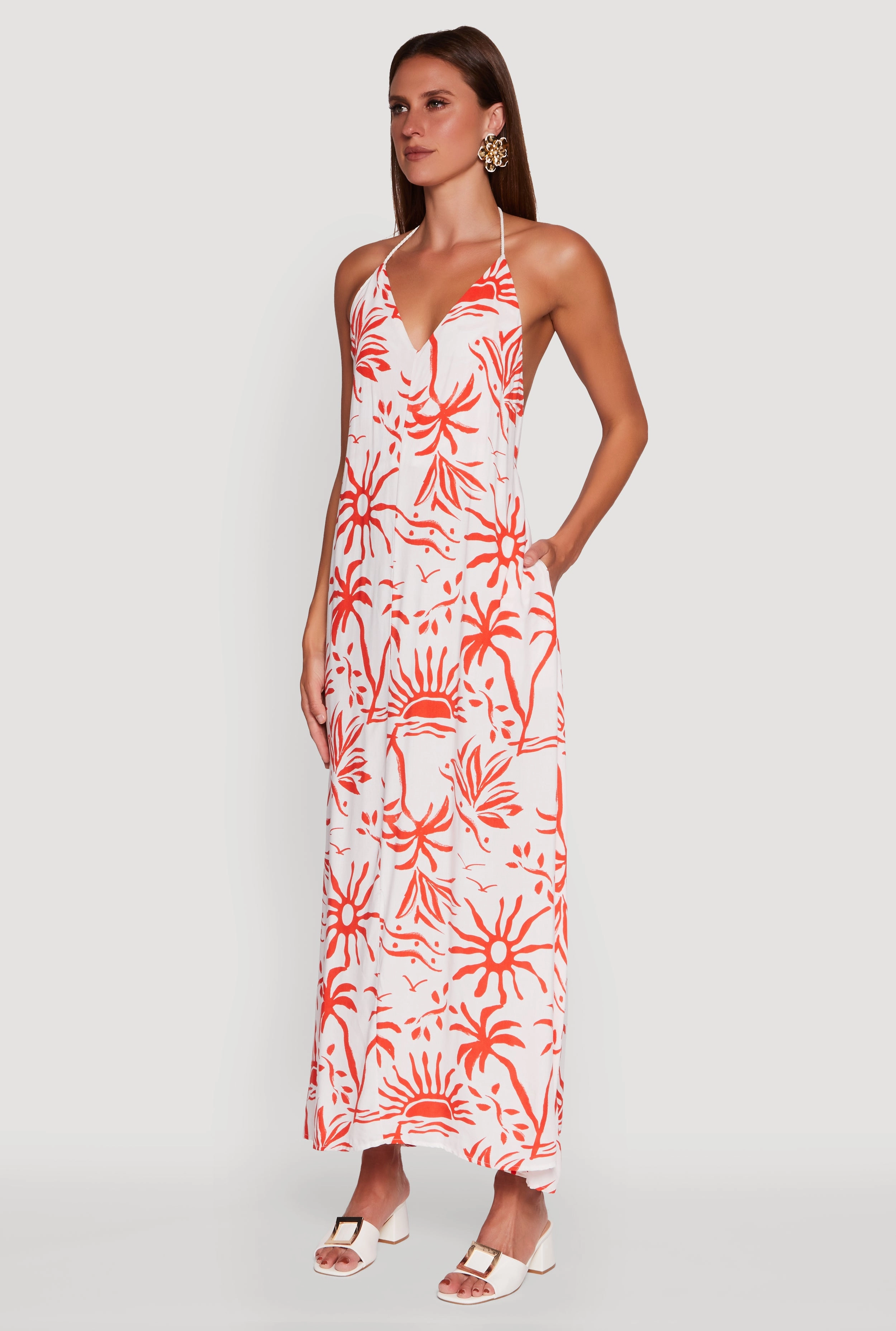 Tropical Print Caged Low Back Rope Halter Maxi Dress Style Base Fit Choice