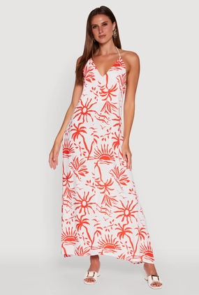 Travel Essential Art Soul Tropical Print Caged Low Back Rope Halter Maxi Dress