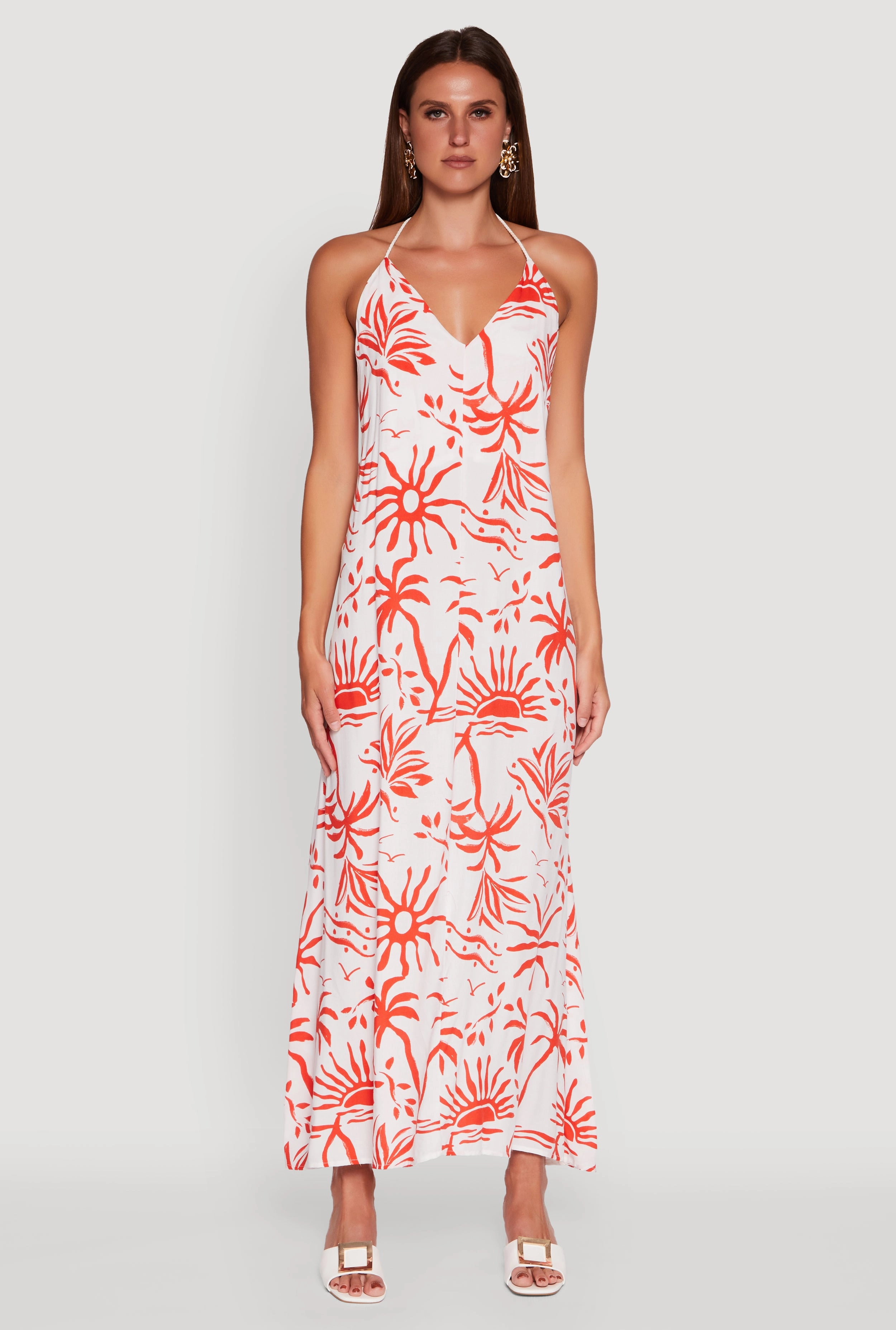Bohemian style Party outfit Tropical Print Caged Low Back Rope Halter Maxi Dress