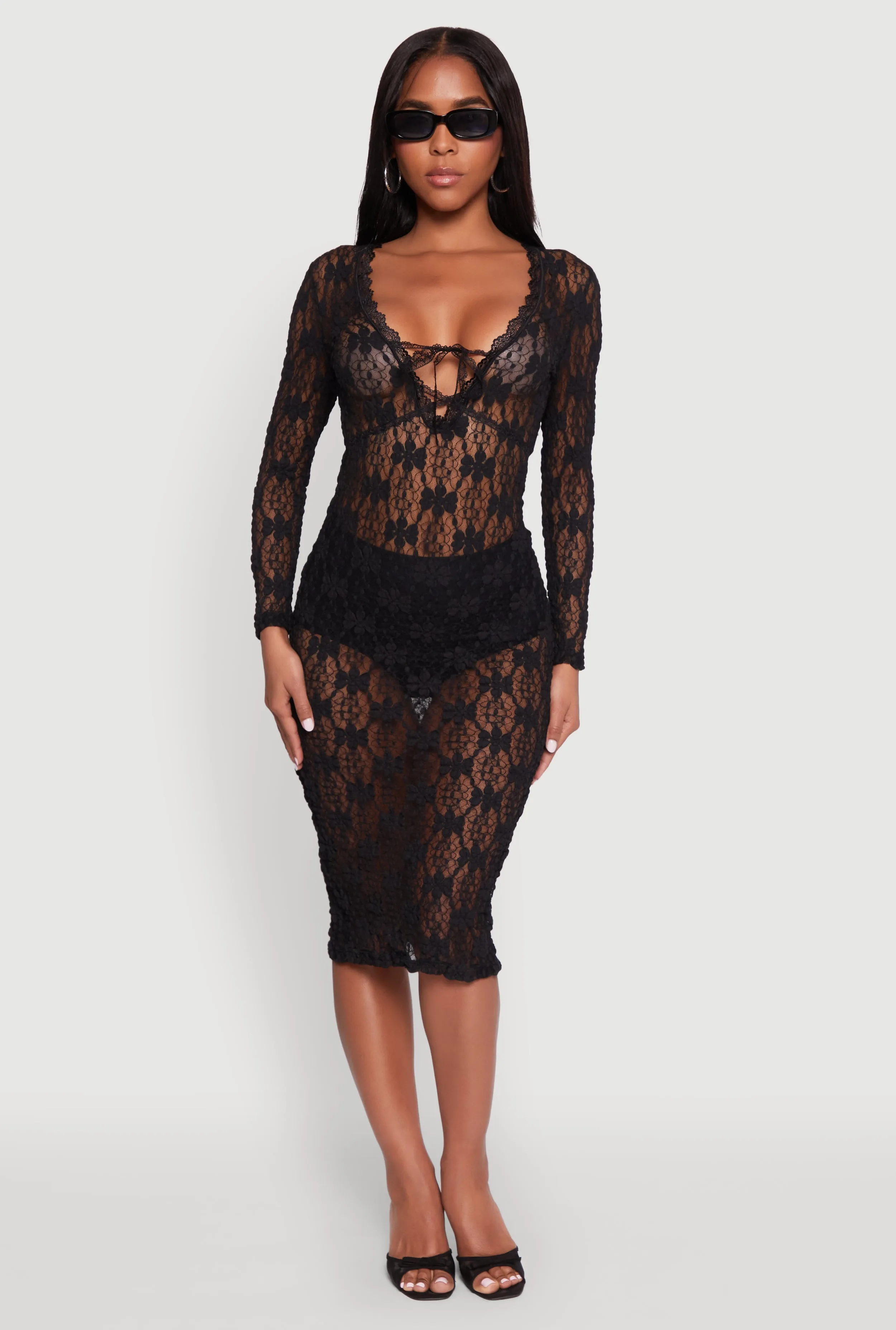 Elegant Appearance Special-Edition Floral Lace Tie Front Plunge Midi Dress