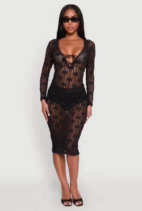 Elegant Appearance Special-Edition Floral Lace Tie Front Plunge Midi Dress