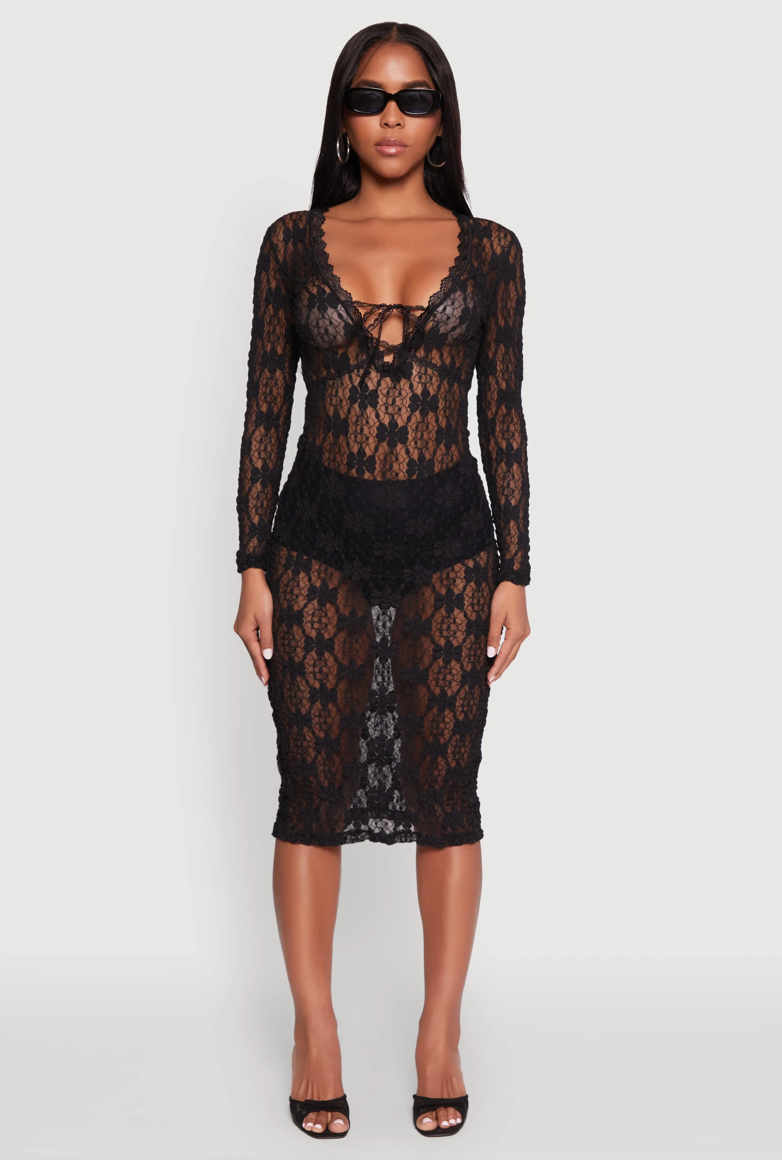 Floral Lace Tie Front Plunge Midi Dress Patterned-Fabric Fall Style