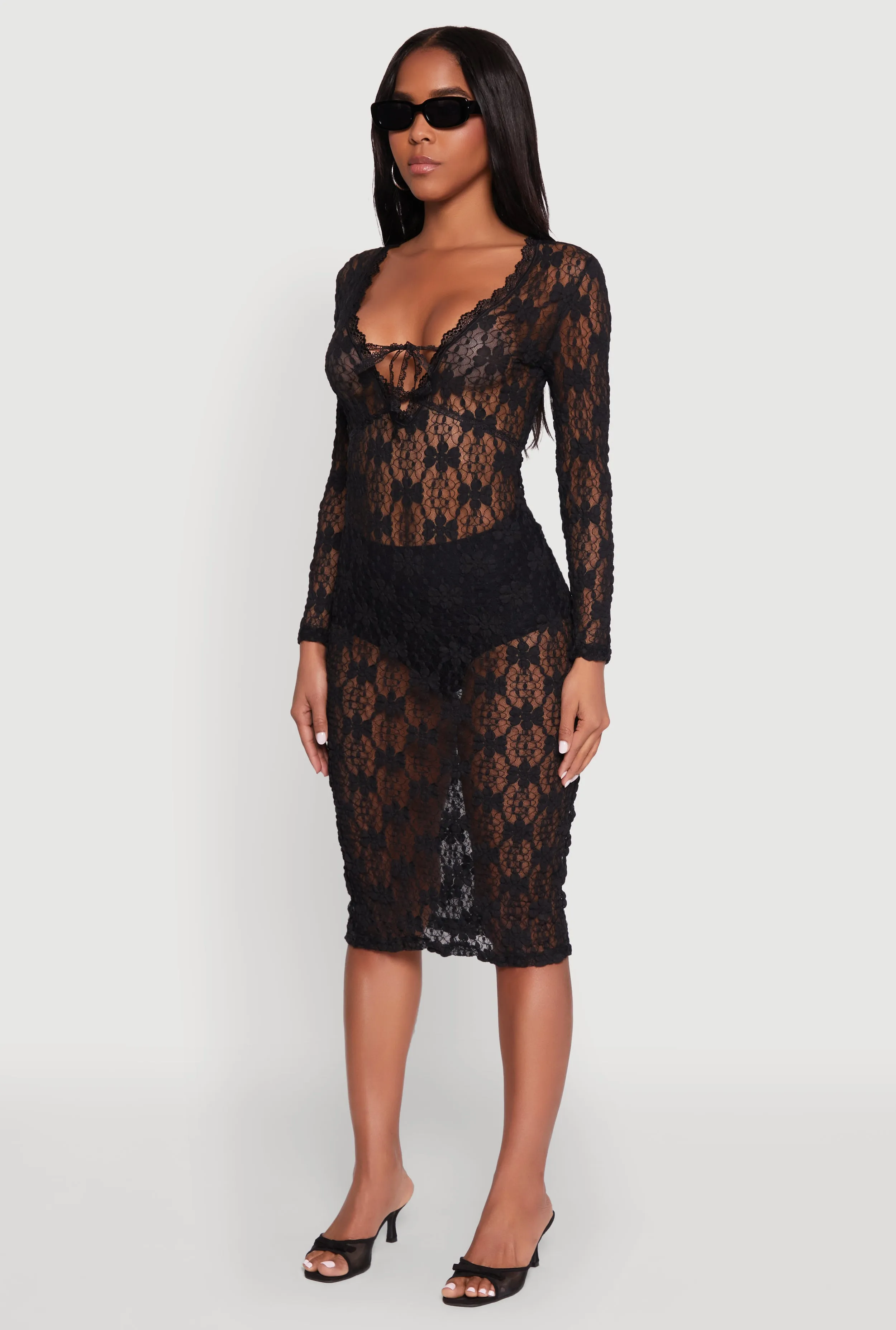 Clean Aesthetic Floral Lace Tie Front Plunge Midi Dress