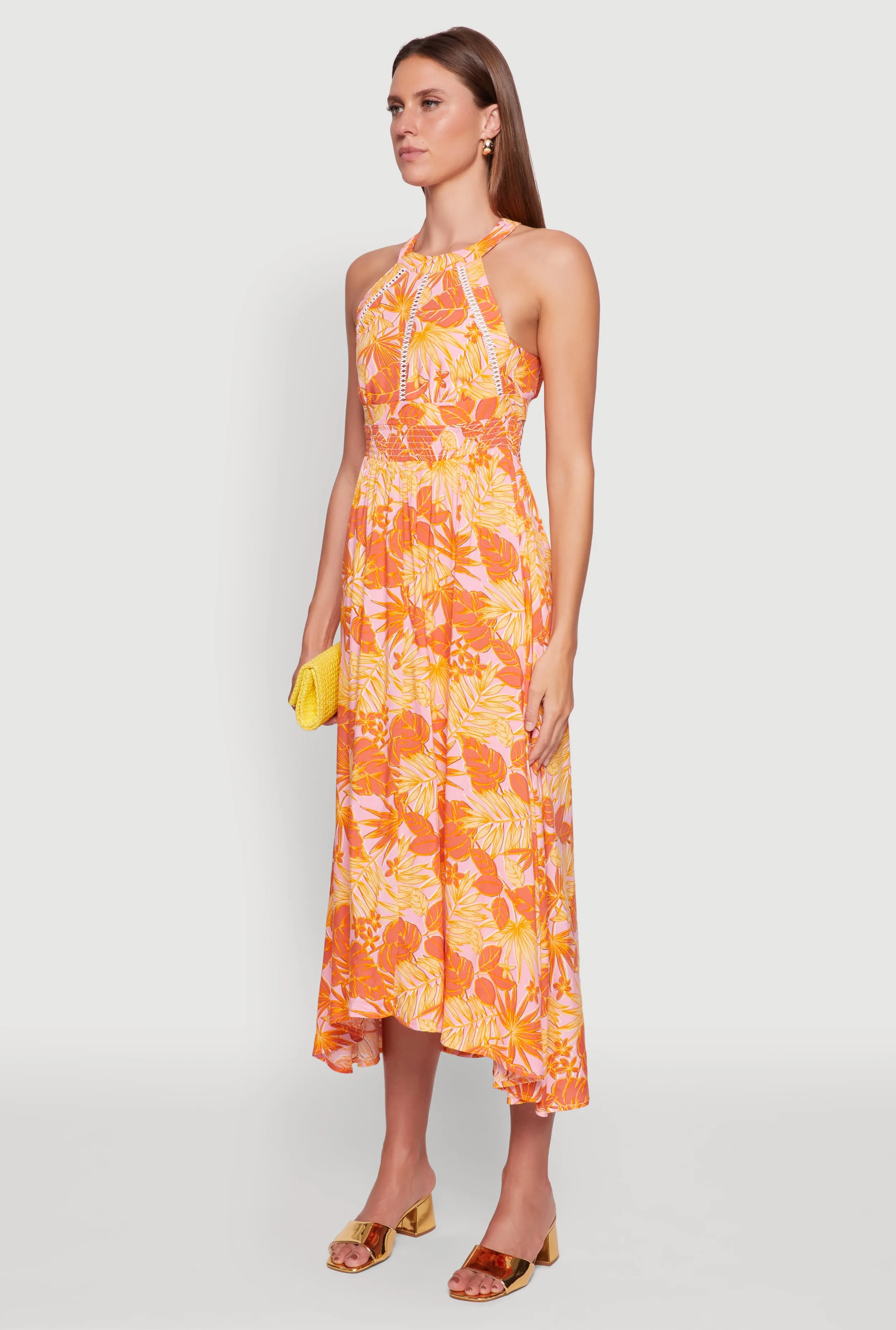 Iris Leaf Print Halter Dress with Crochet and Smocked Details Evening Vibe Blush Shade