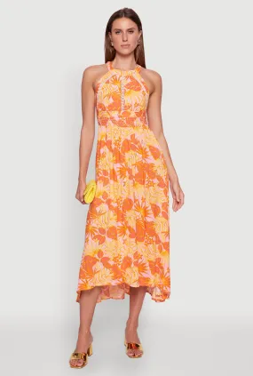 Iris Leaf Print Halter Dress with Crochet and Smocked Details Guest Shine