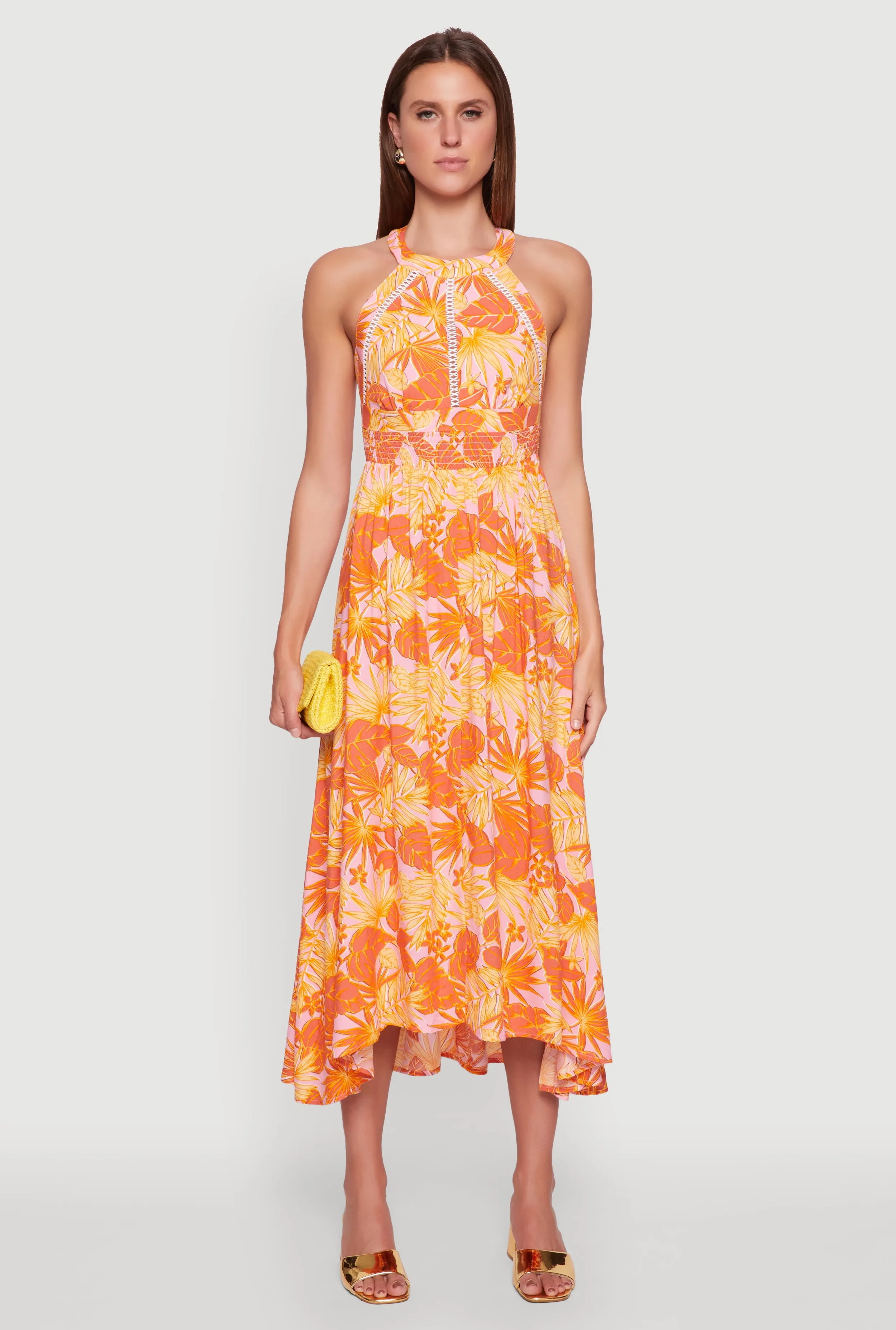 All Fit Iris Leaf Print Halter Dress with Crochet and Smocked Details