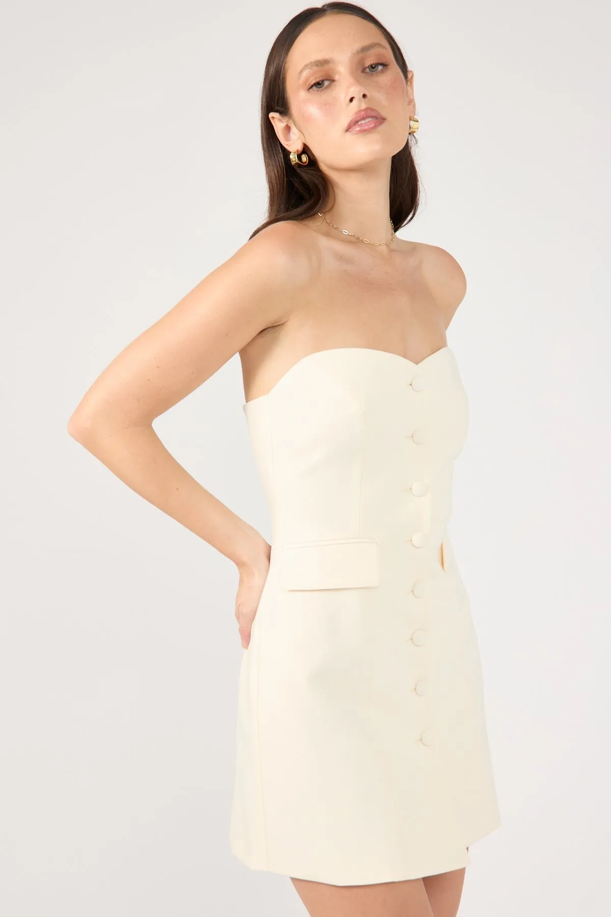 Calm Grace Trend-Inspired Perfect Stranger Luca Strapless Button Up Mini Dress Bone