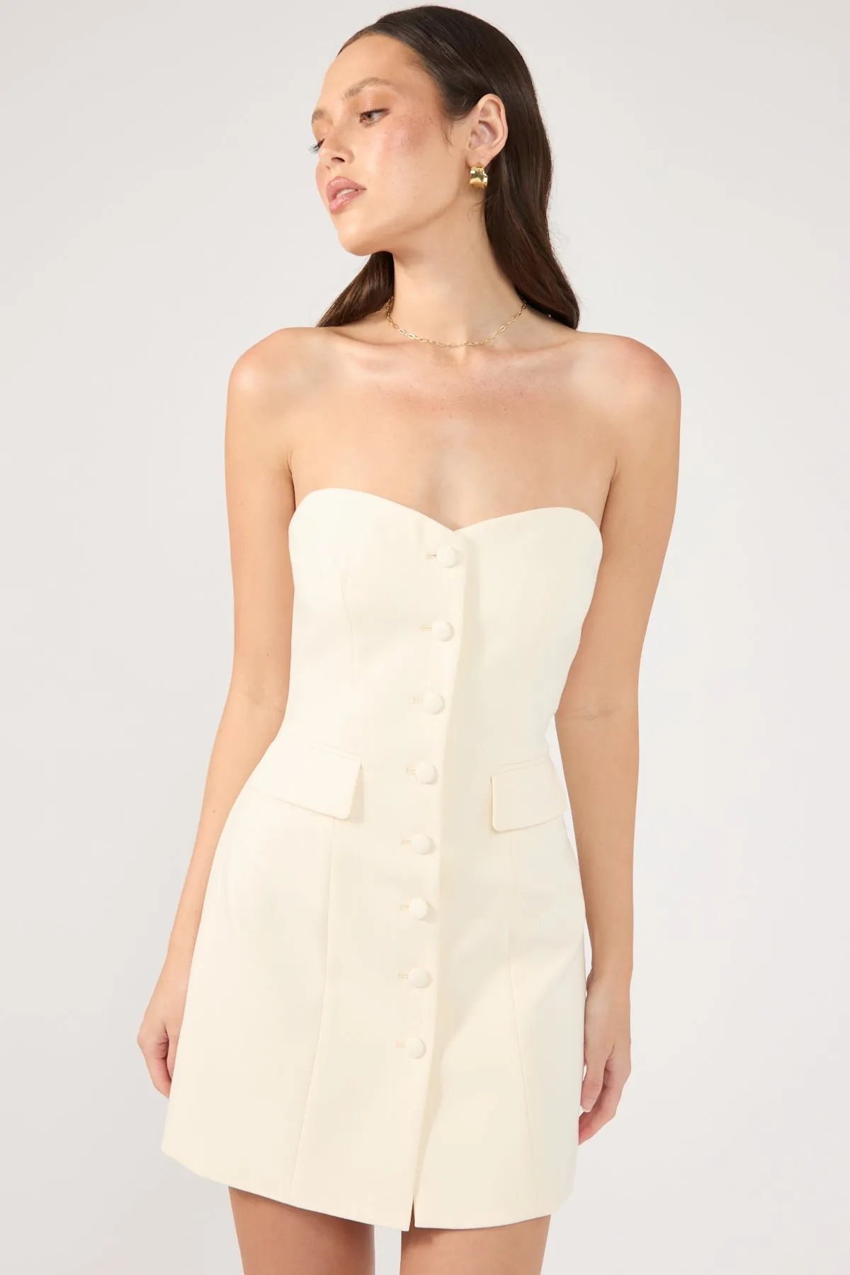 Perfect Stranger Luca Strapless Button Up Mini Dress Bone Wrap Charm Texture Rich