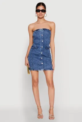 Simple Style Comfortable Cut WAX Denim Button Detail Tube Dress