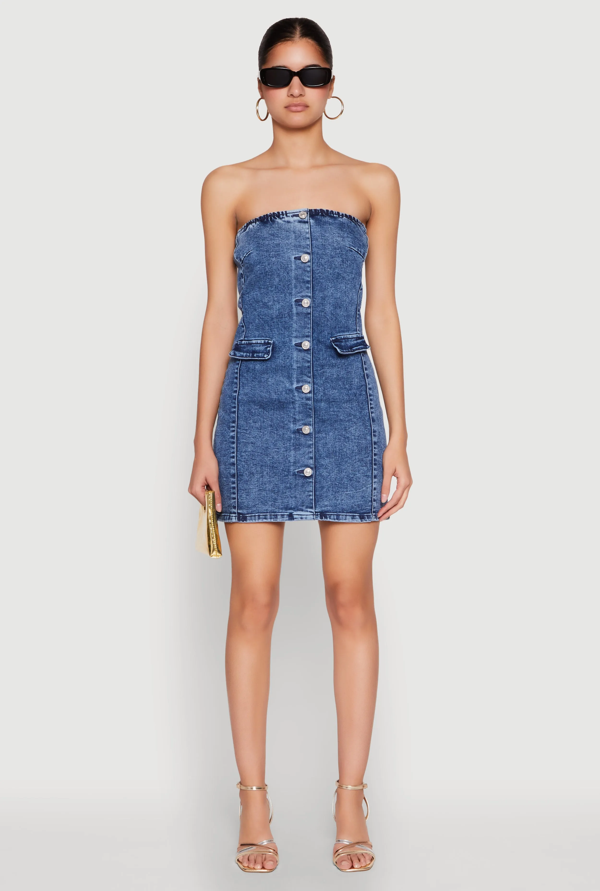 WAX Denim Button Detail Tube Dress Match Quick Pure Fit