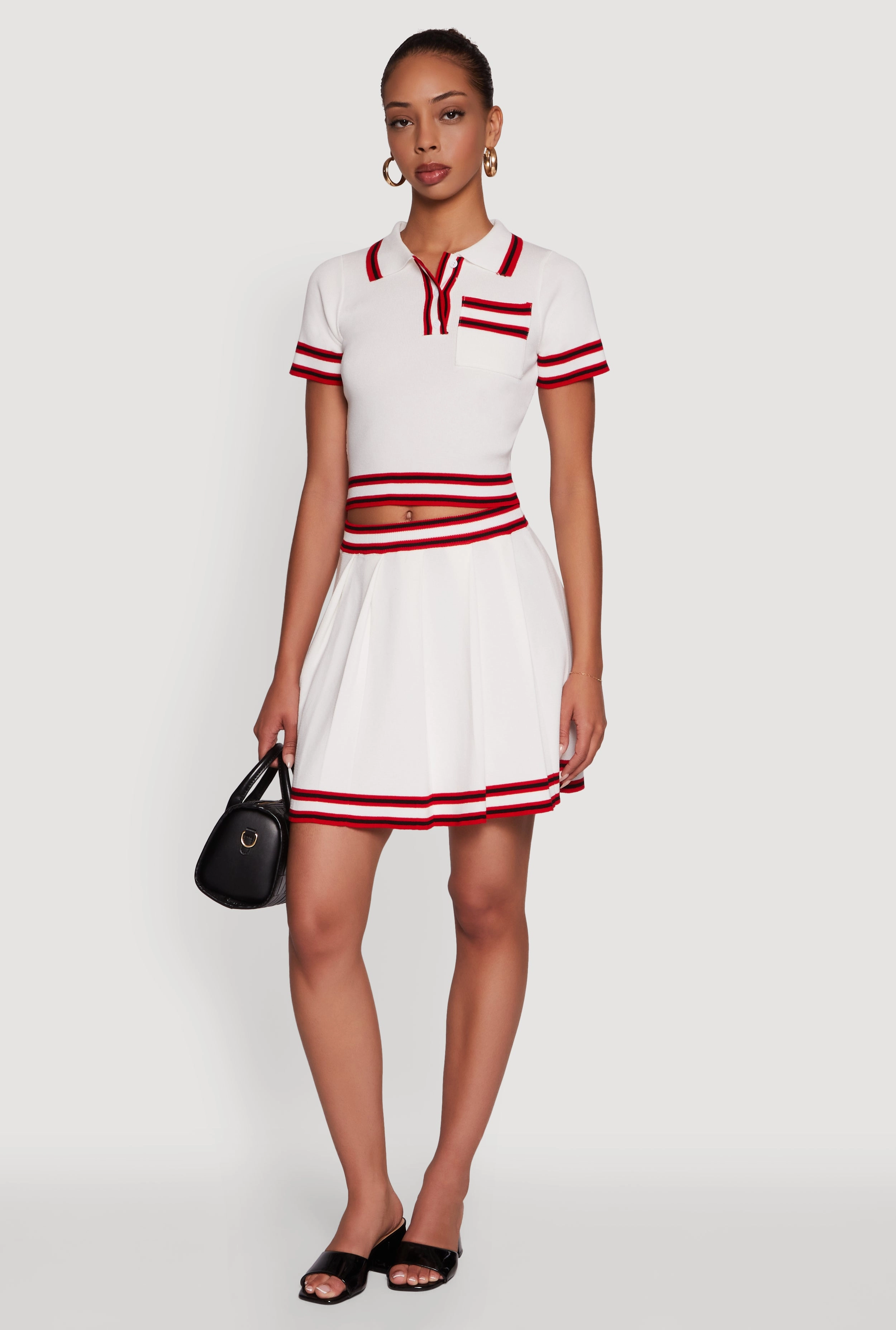 Fitted Cut Travel Ready Daisy High Waisted Pleated Skirt with Varsity Stripe Detail