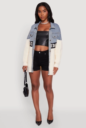Sleek Outdoor Look Non Bulky Insulation Color Block Chic Graphic Knit Denim Jacket