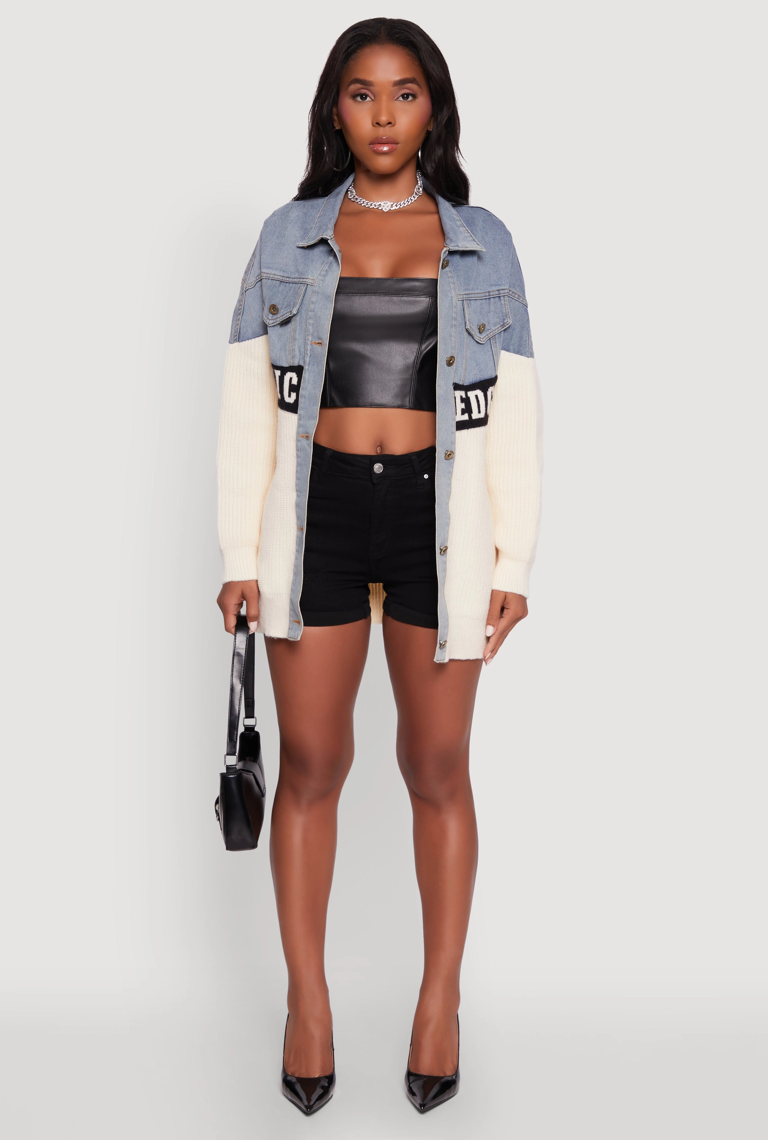 Layered Protection Quick Release Fasteners Color Block Chic Graphic Knit Denim Jacket