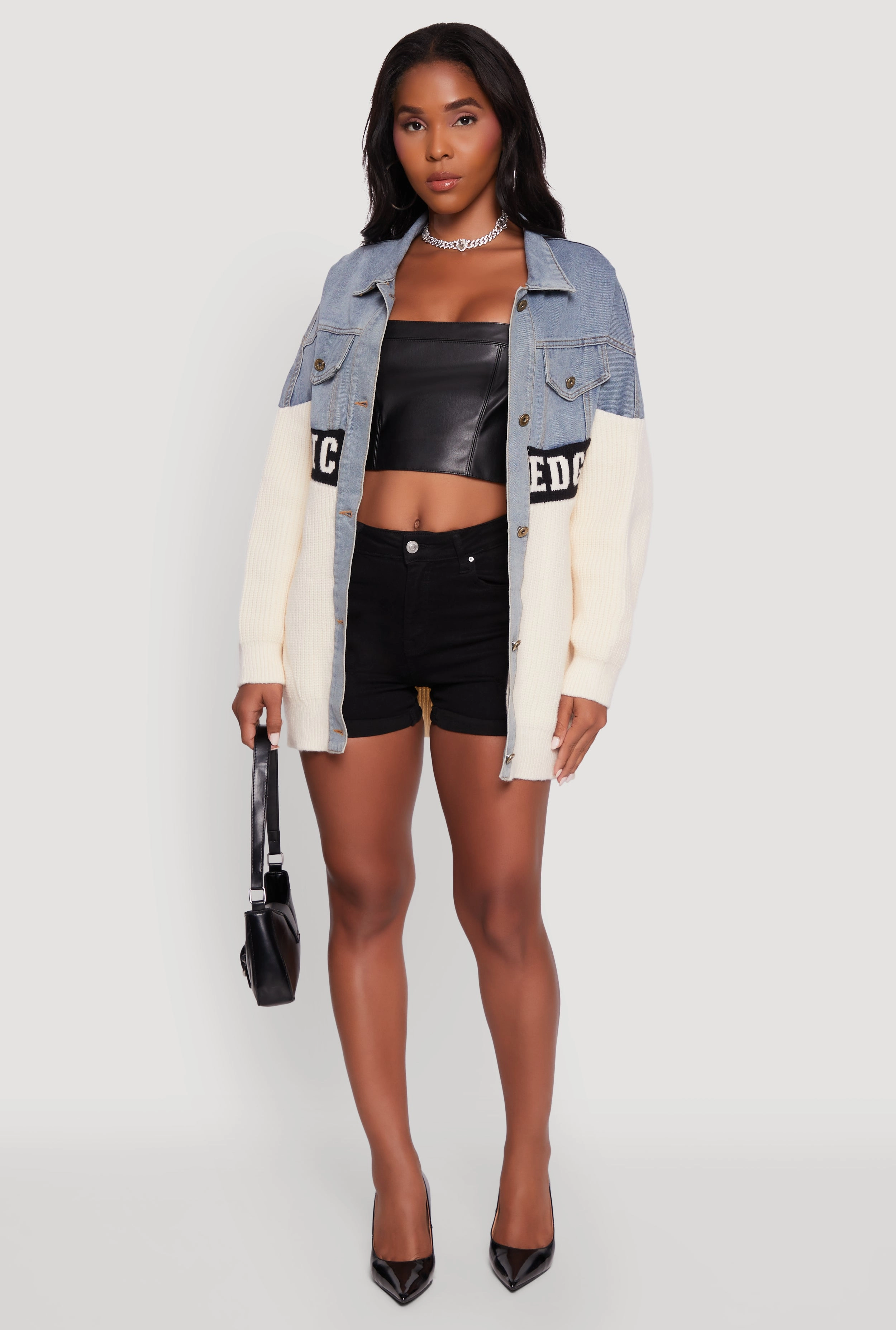 Sleek Outdoor Look Non Bulky Insulation Color Block Chic Graphic Knit Denim Jacket