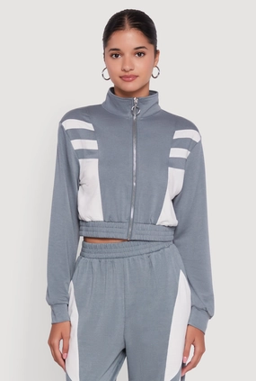 Layer Piece Weather Friendly Color Block Cropped Zip Front Track Jacket