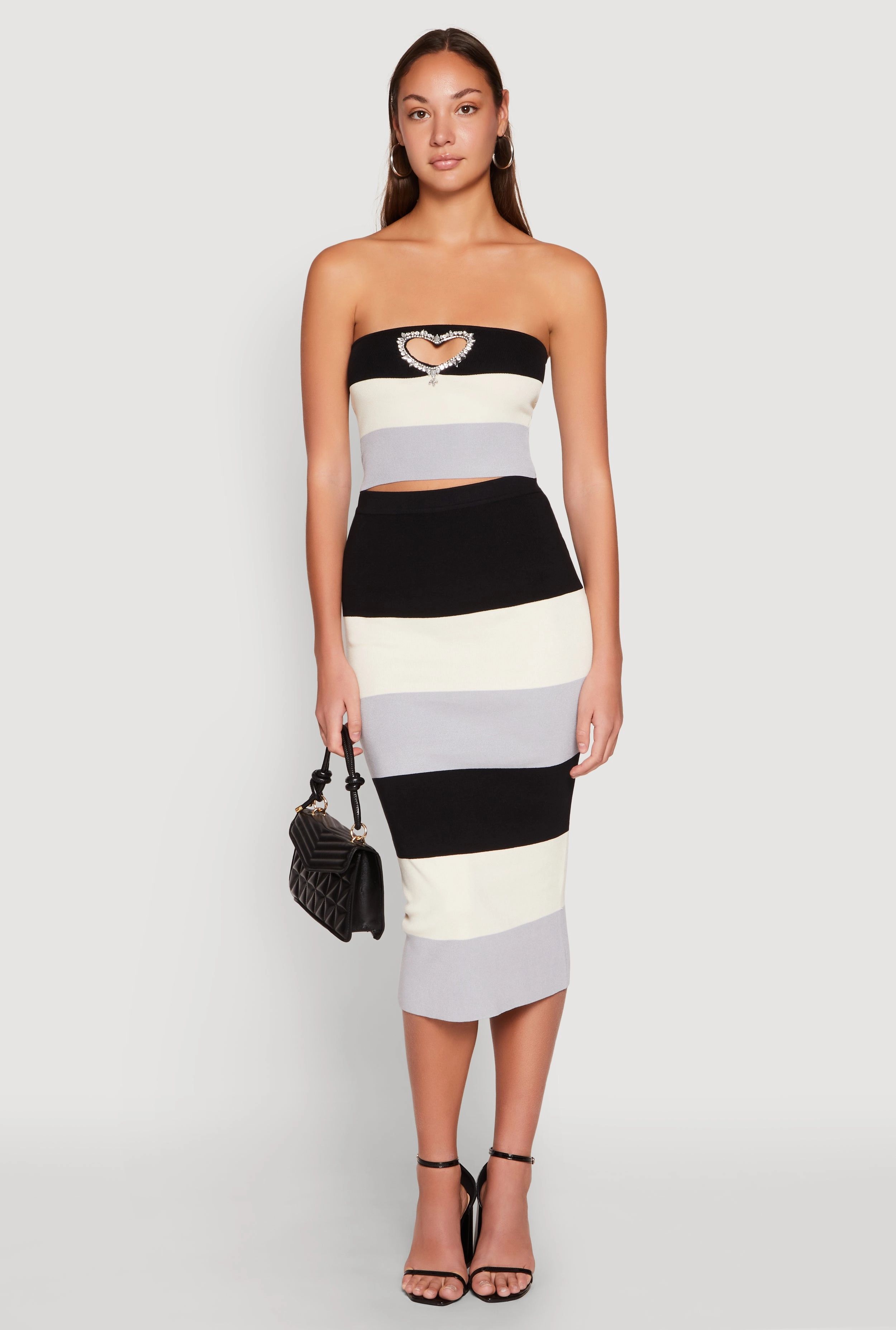 Color Block Knit Midi Skirt Natural Look