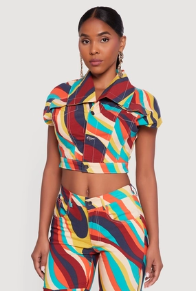 Color Blocked Button Front Cap Sleeve Cropped Jacket Travel Commuter Layer Camo Print