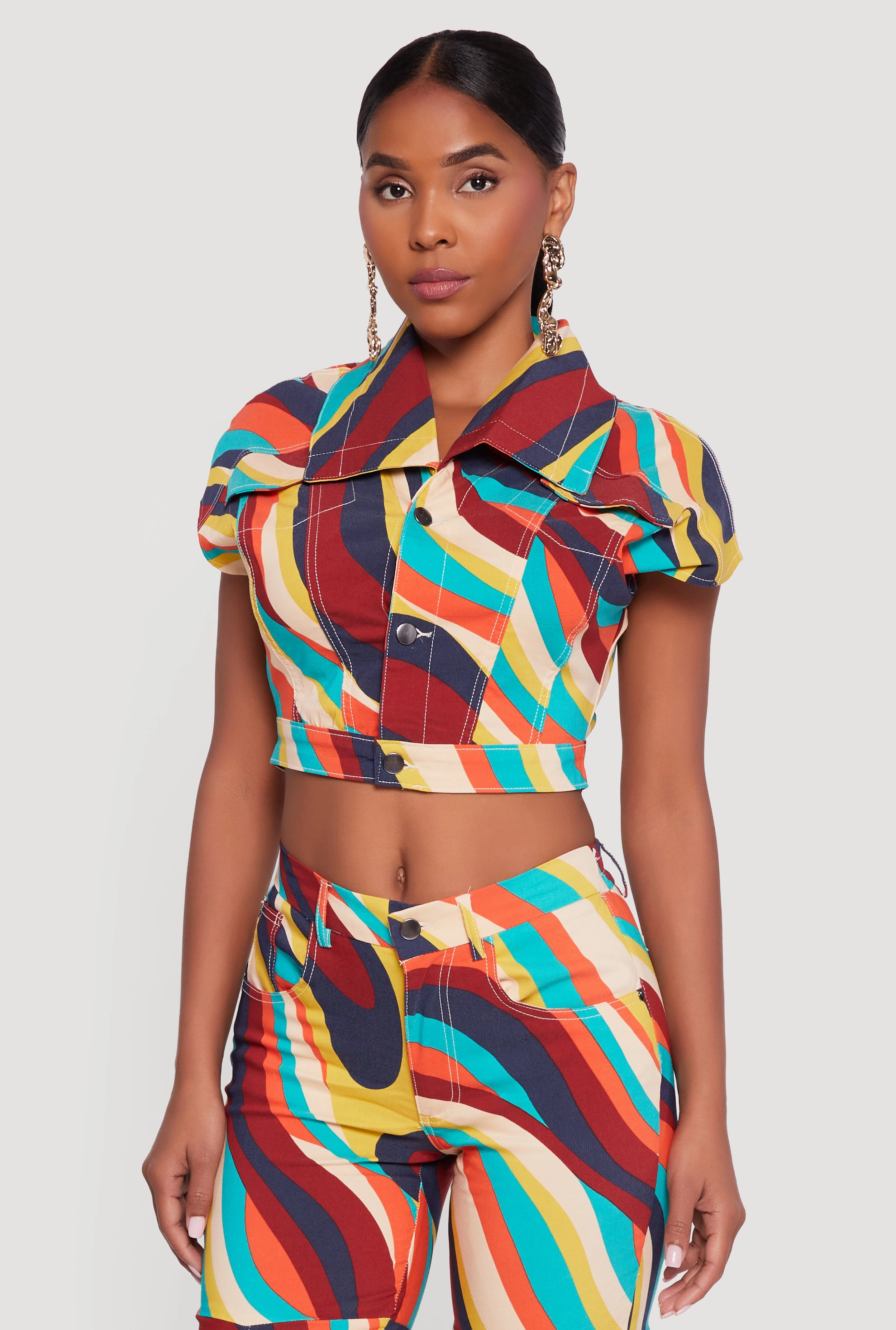 Color Blocked Button Front Cap Sleeve Cropped Jacket Travel Commuter Layer Camo Print