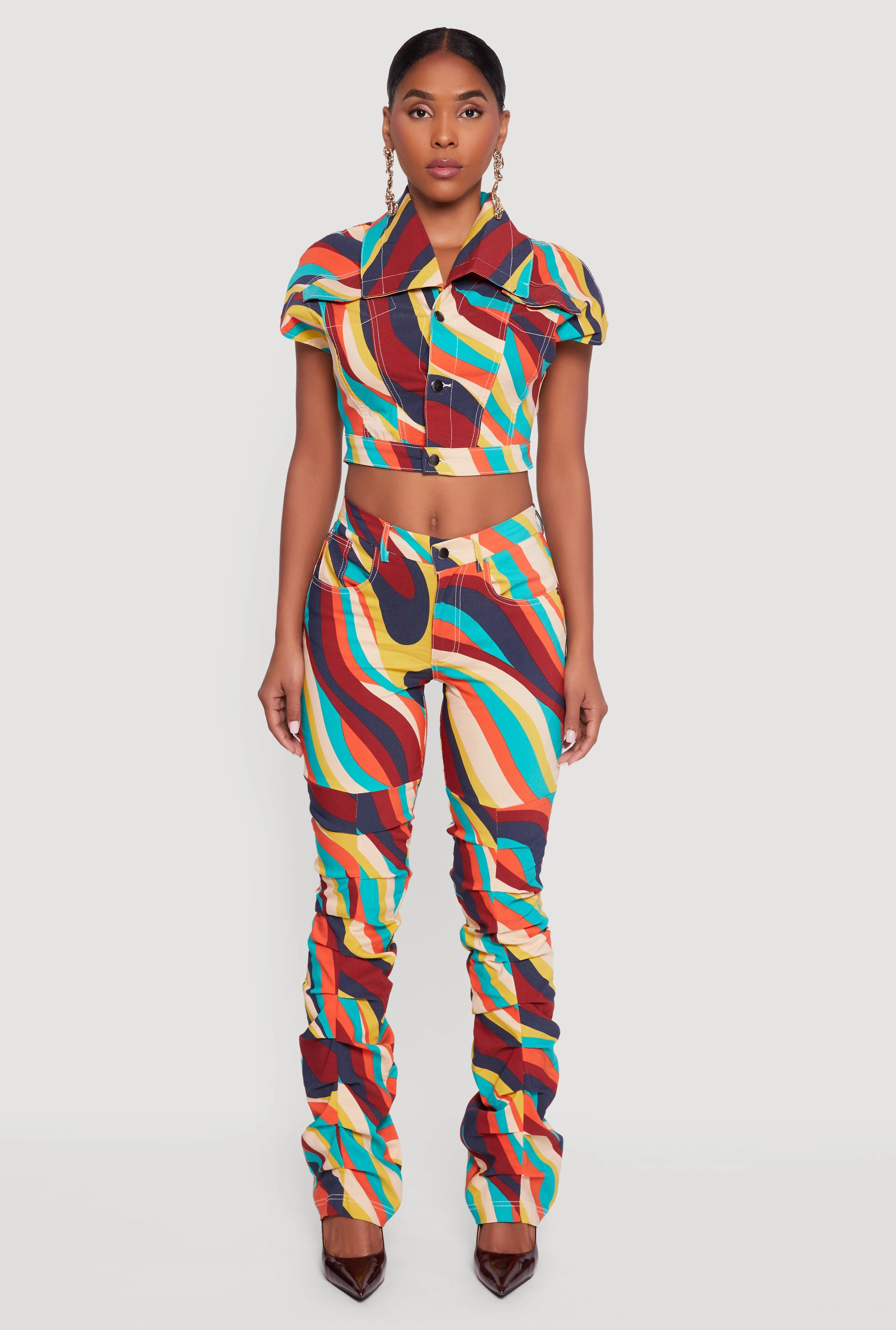 Color Blocked Button Front Cap Sleeve Cropped Jacket Temperature Regulating Lining