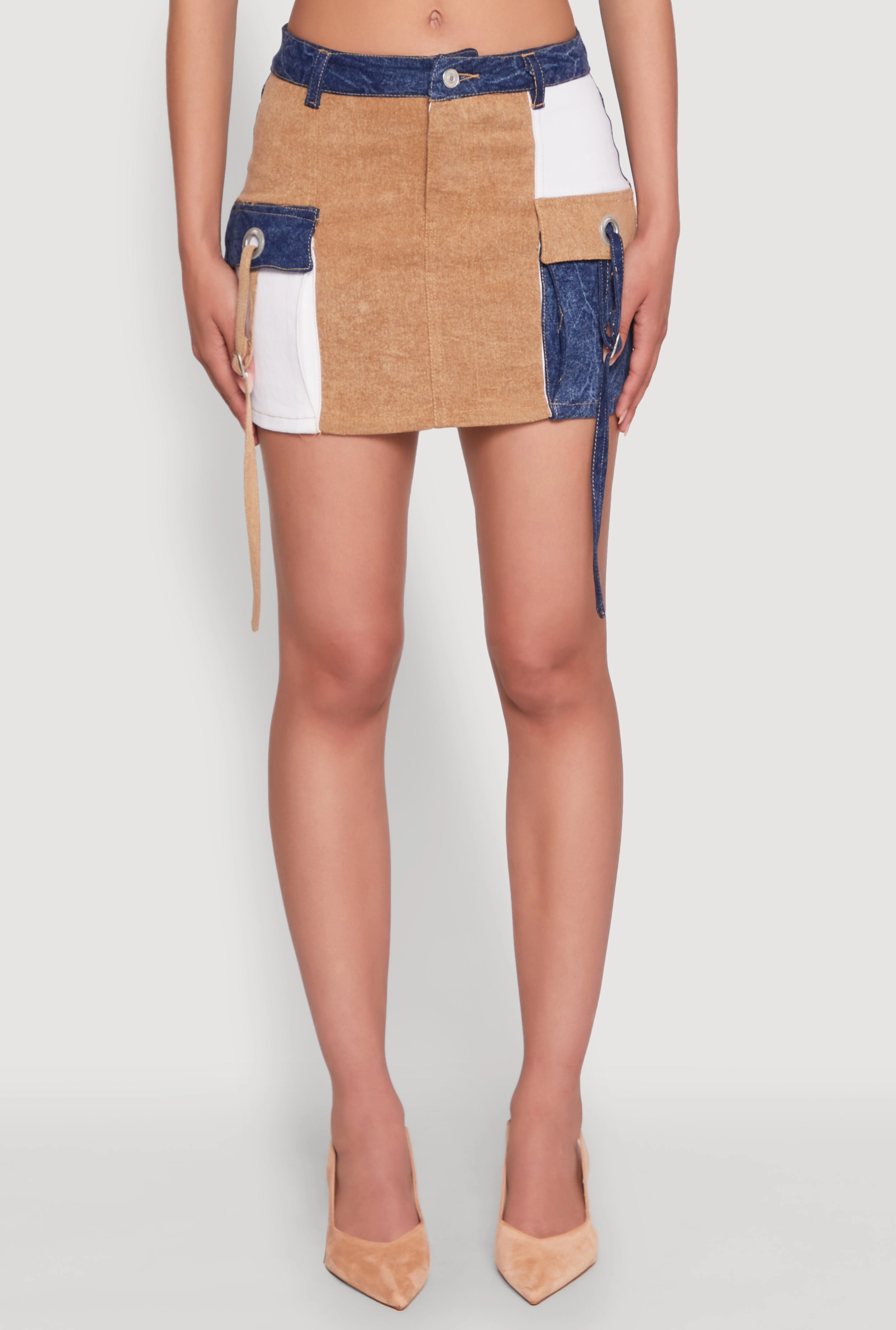 Embroidered Detail Color Blocked Denim Cargo Skirt