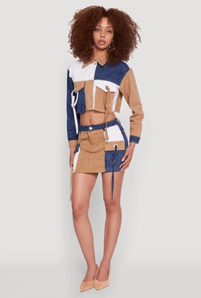 Color Blocked Denim Cargo Skirt Back Slit Versatile Fit
