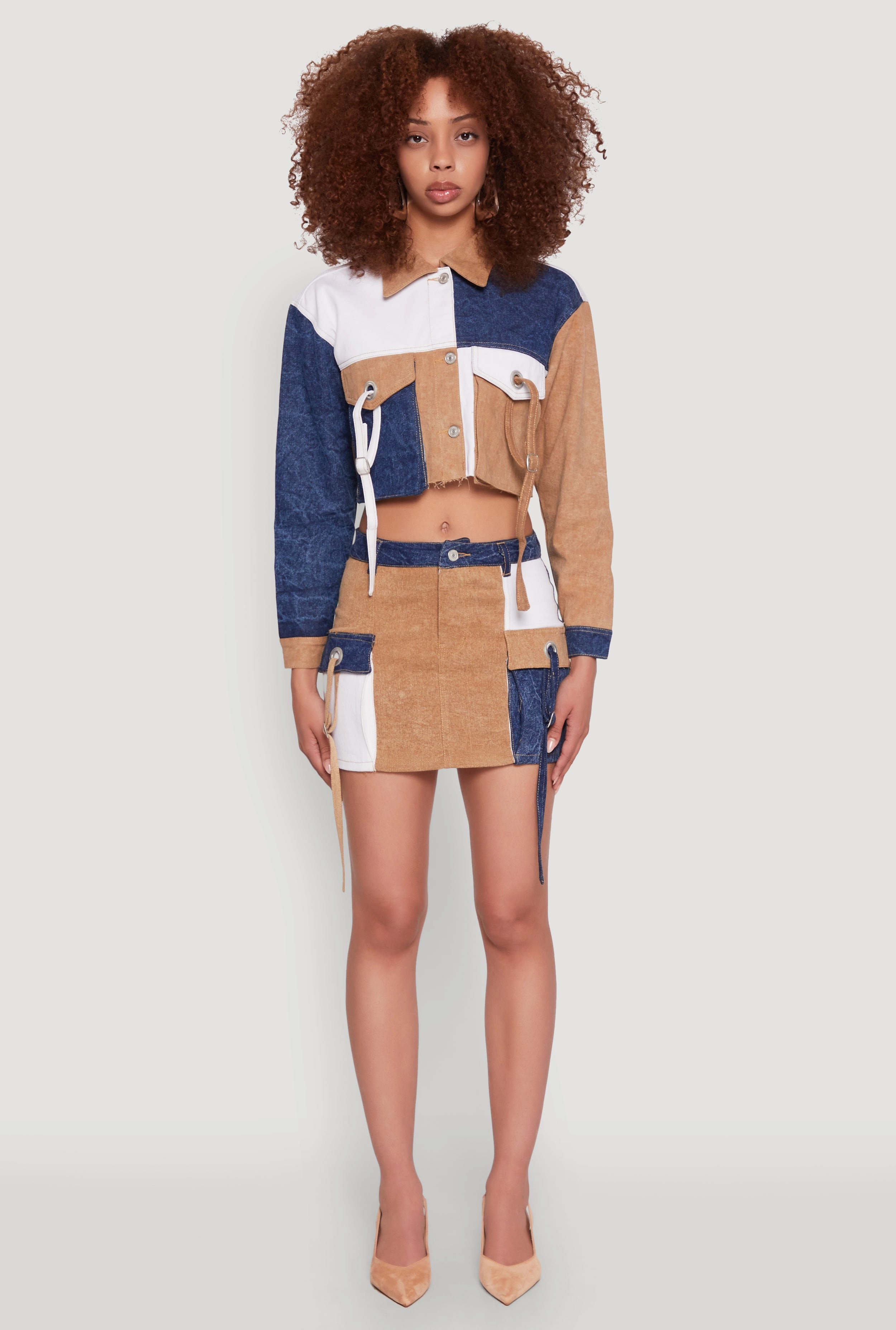 Influencer Style Color Blocked Denim Cargo Skirt