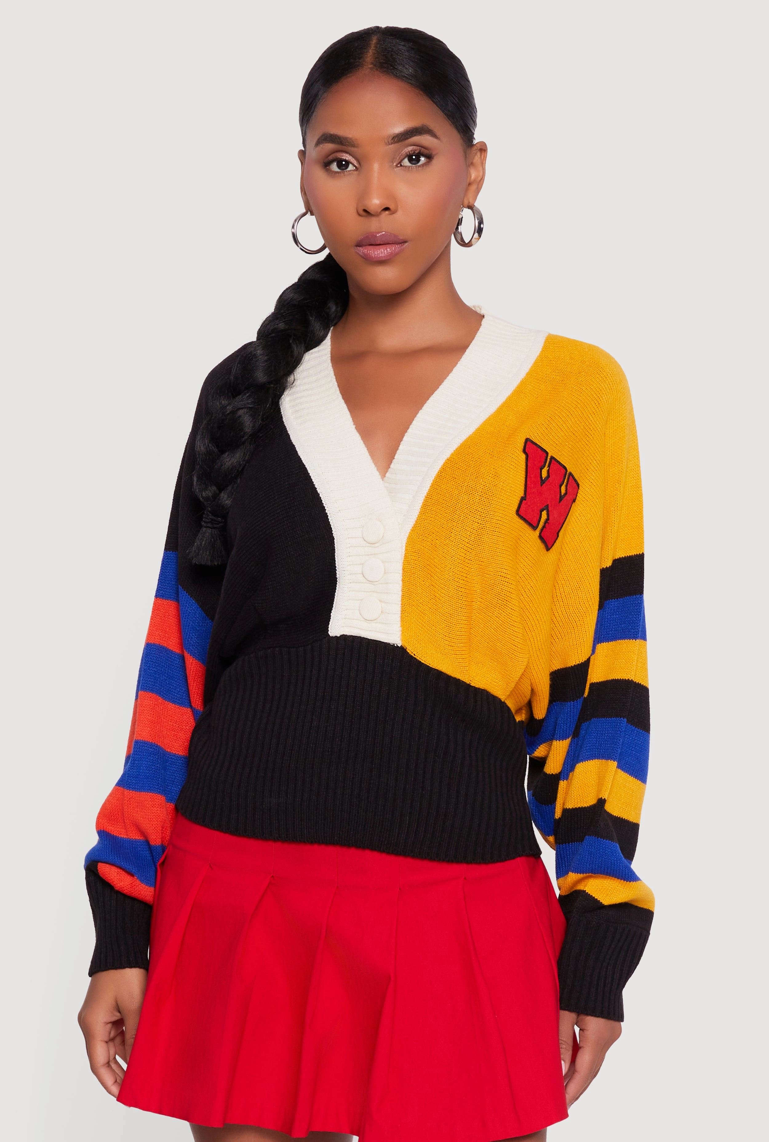 Color Blocked Striped W Patch Graphic Sweater Stylish Design Low Maintenance Care