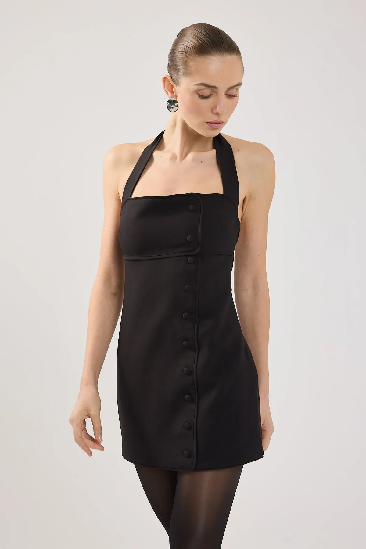 Dreamy Silhouette Layered Volume Perfect Stranger Avon Halter Suiting Mini Dress Black