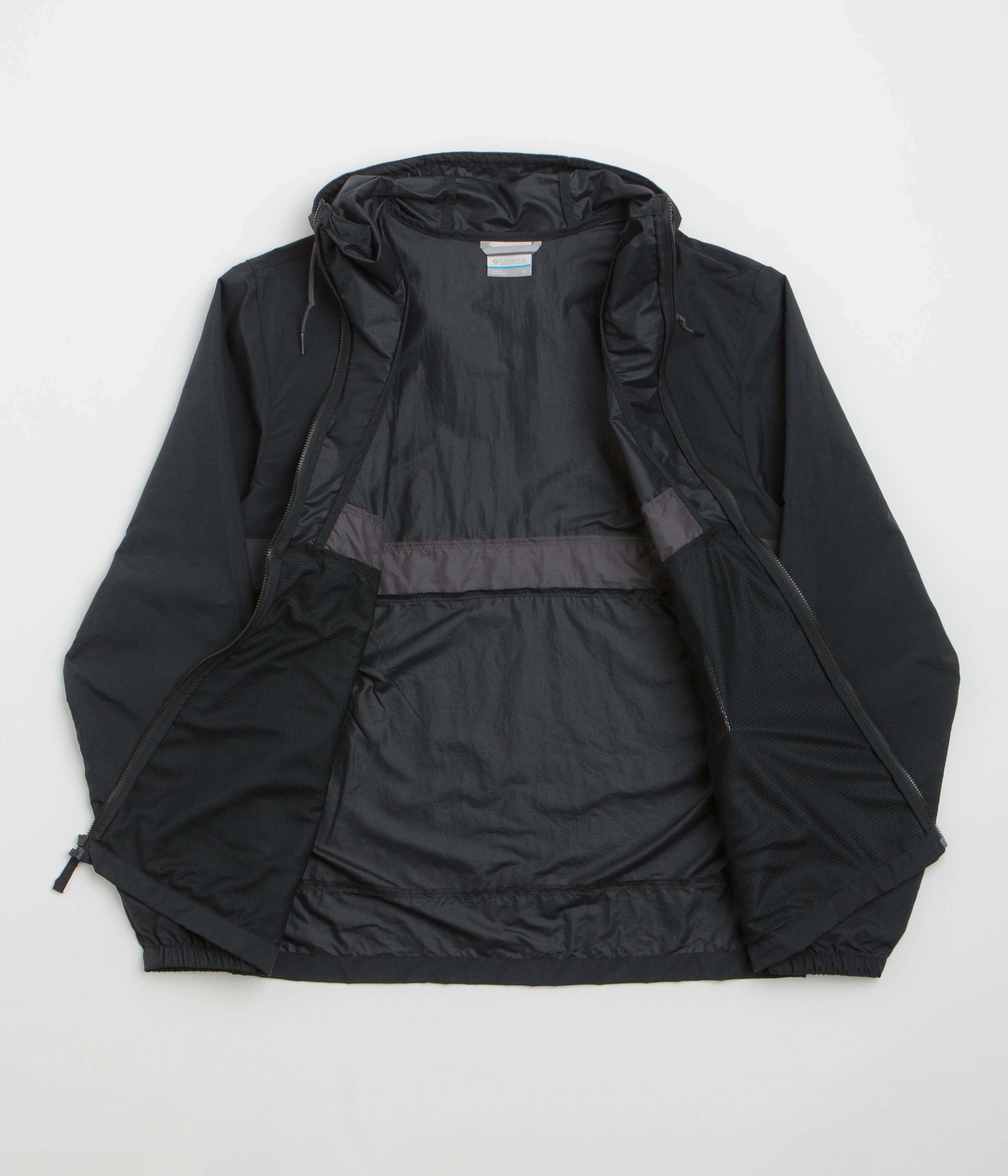 Columbia Spire Valley Hooded Windbreaker Jacket - Black / Shark No Collar Secure Closure Systems