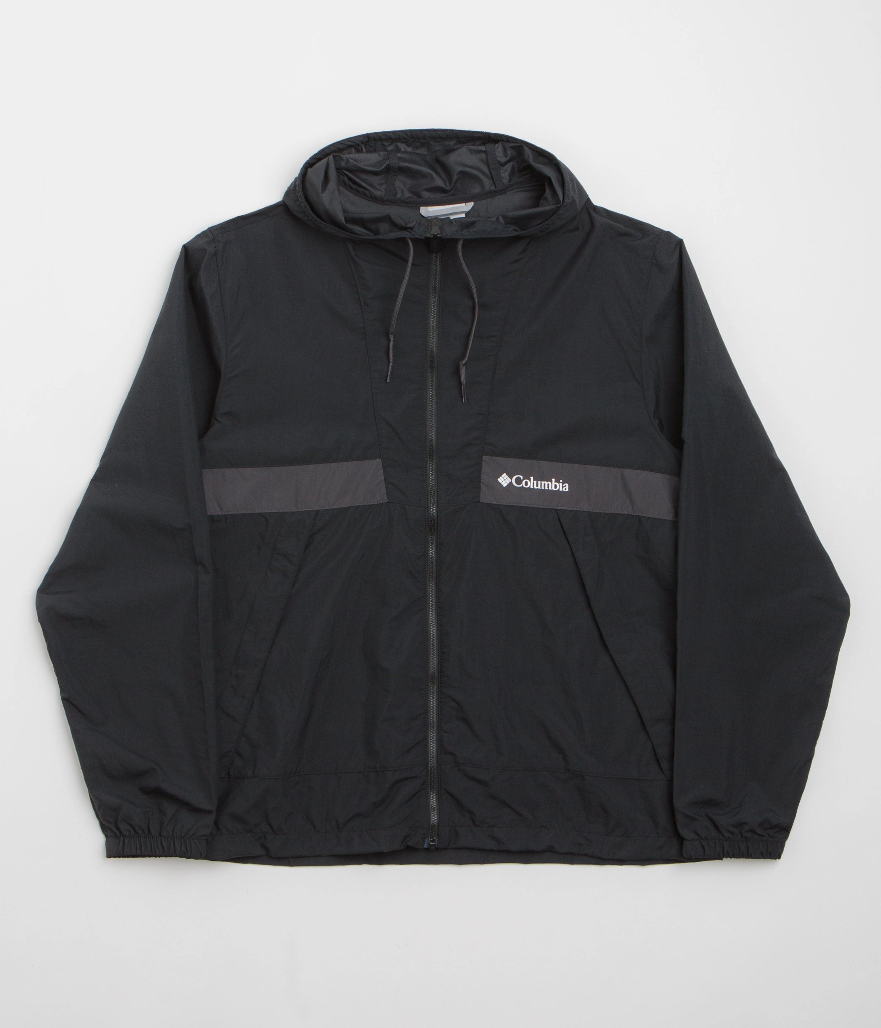 Columbia Spire Valley Hooded Windbreaker Jacket - Black / Shark Lightweight Fabric Anti Static Inner Layer