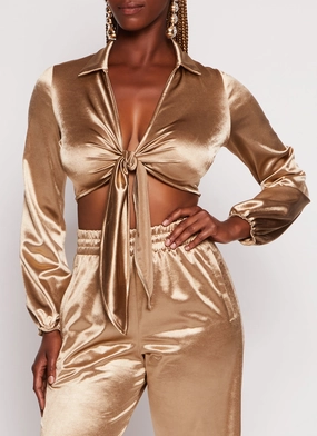 Breathable Pique Knit Satin Tie Front Long Sleeve Crop Top