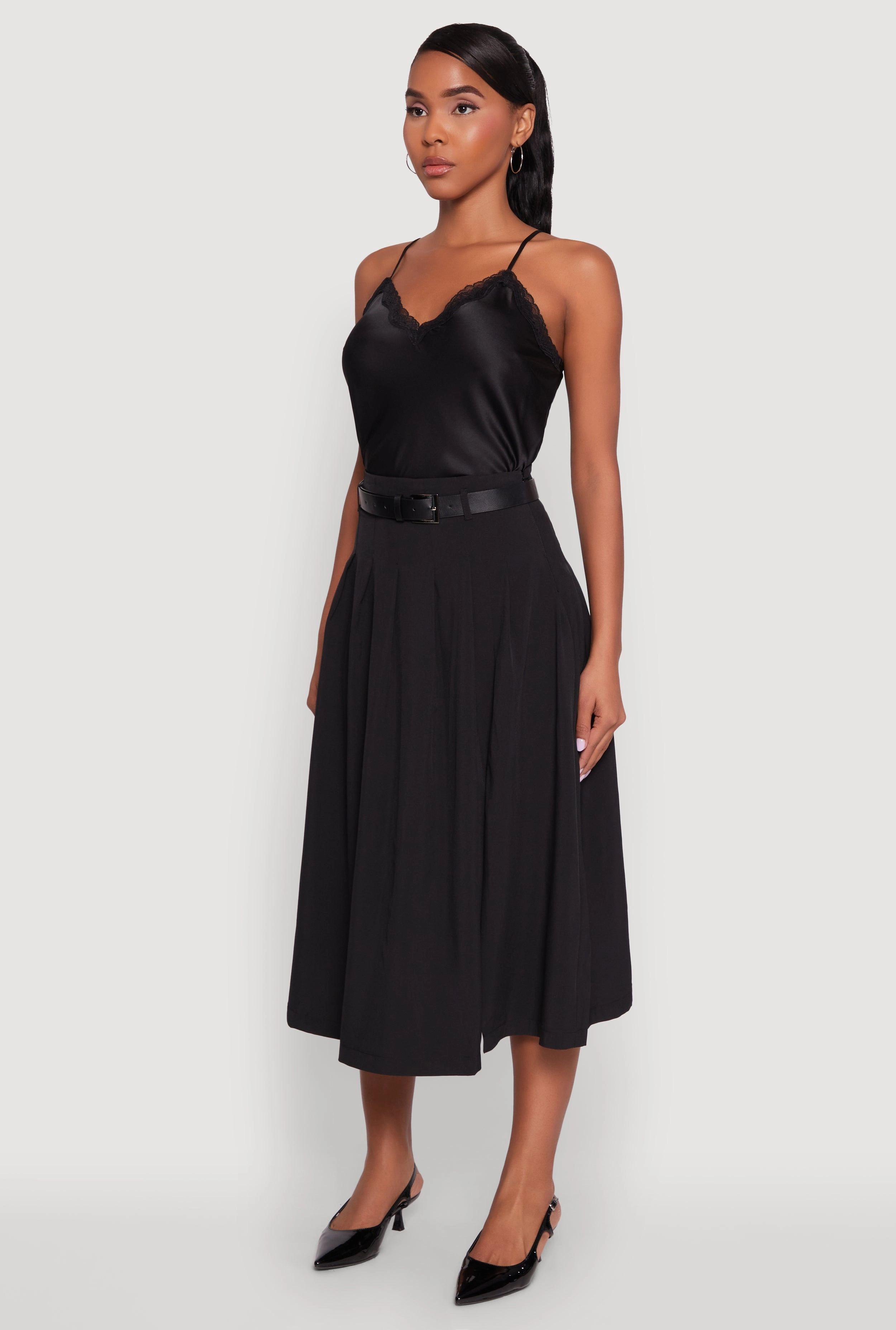 Trendy High Waisted Pleated Mid Length Skirt with Belt Tonal Look