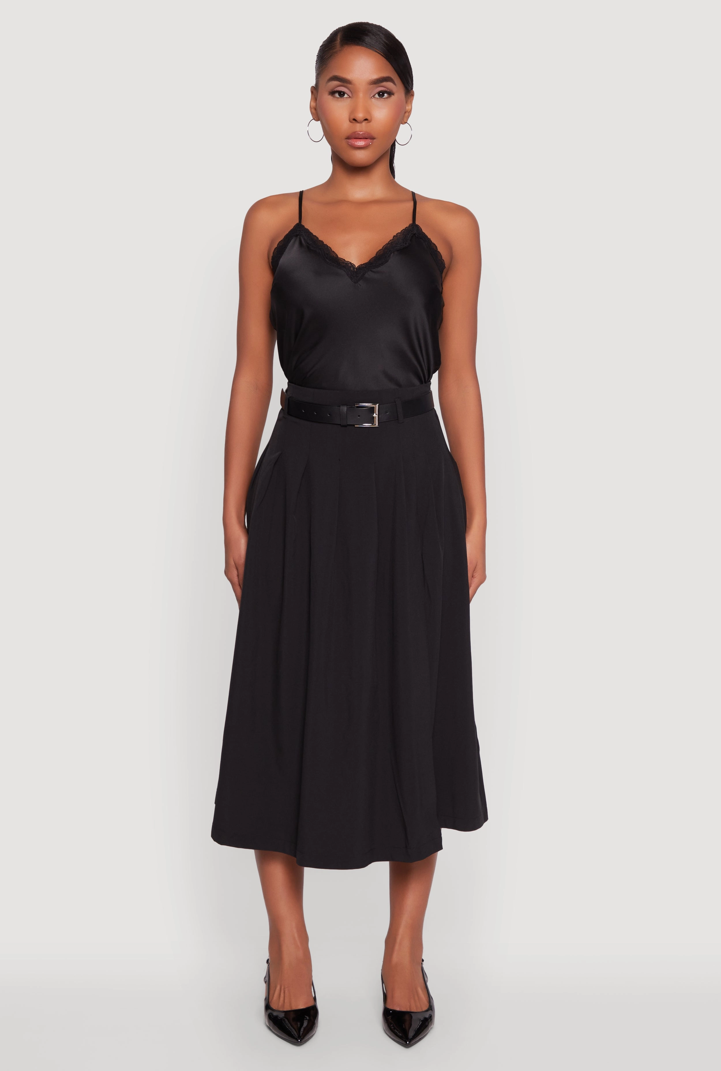 Trendy High Waisted Pleated Mid Length Skirt with Belt Hip Skimming