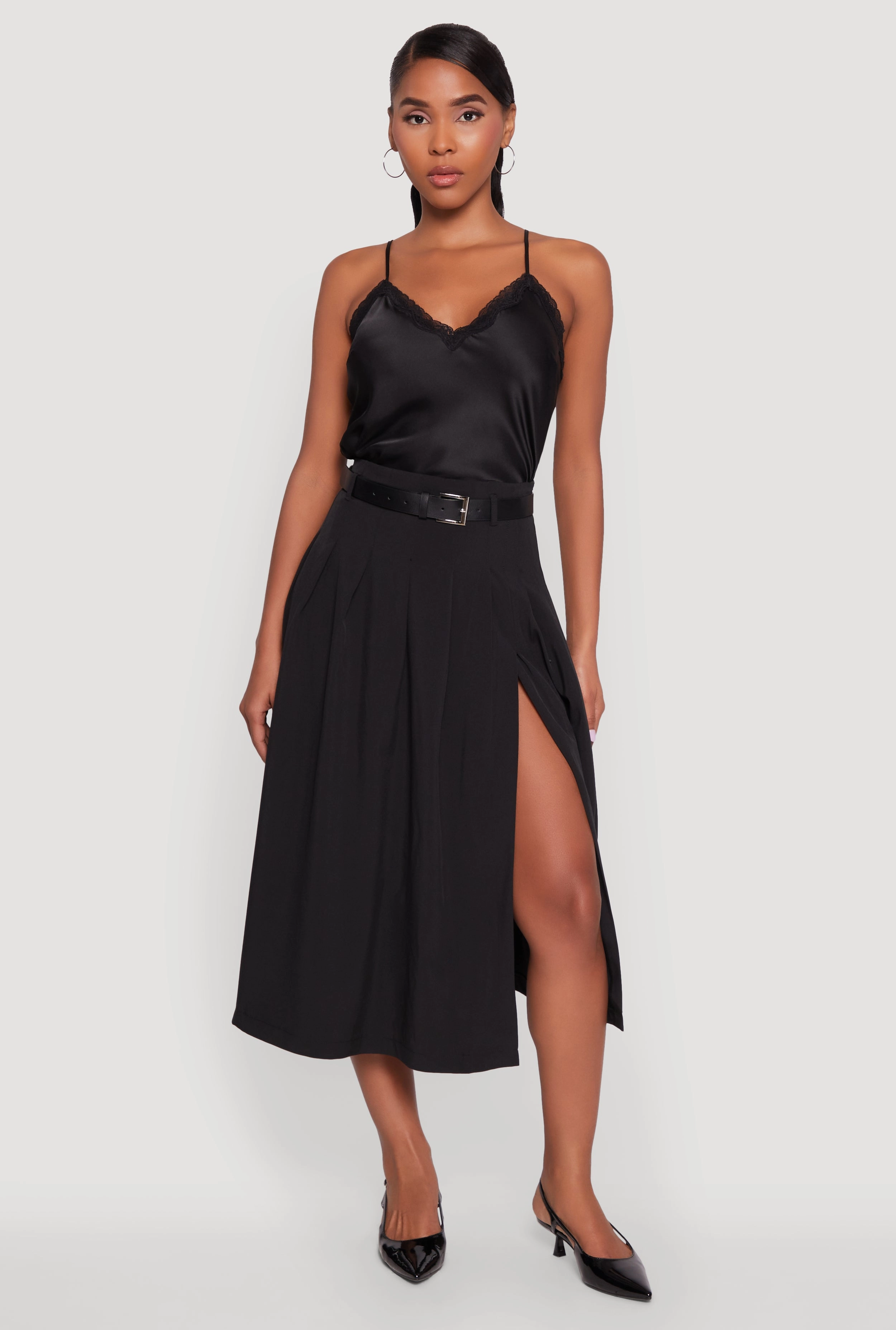 Trendy High Waisted Pleated Mid Length Skirt with Belt Hand Painted Slip Resistant Waist