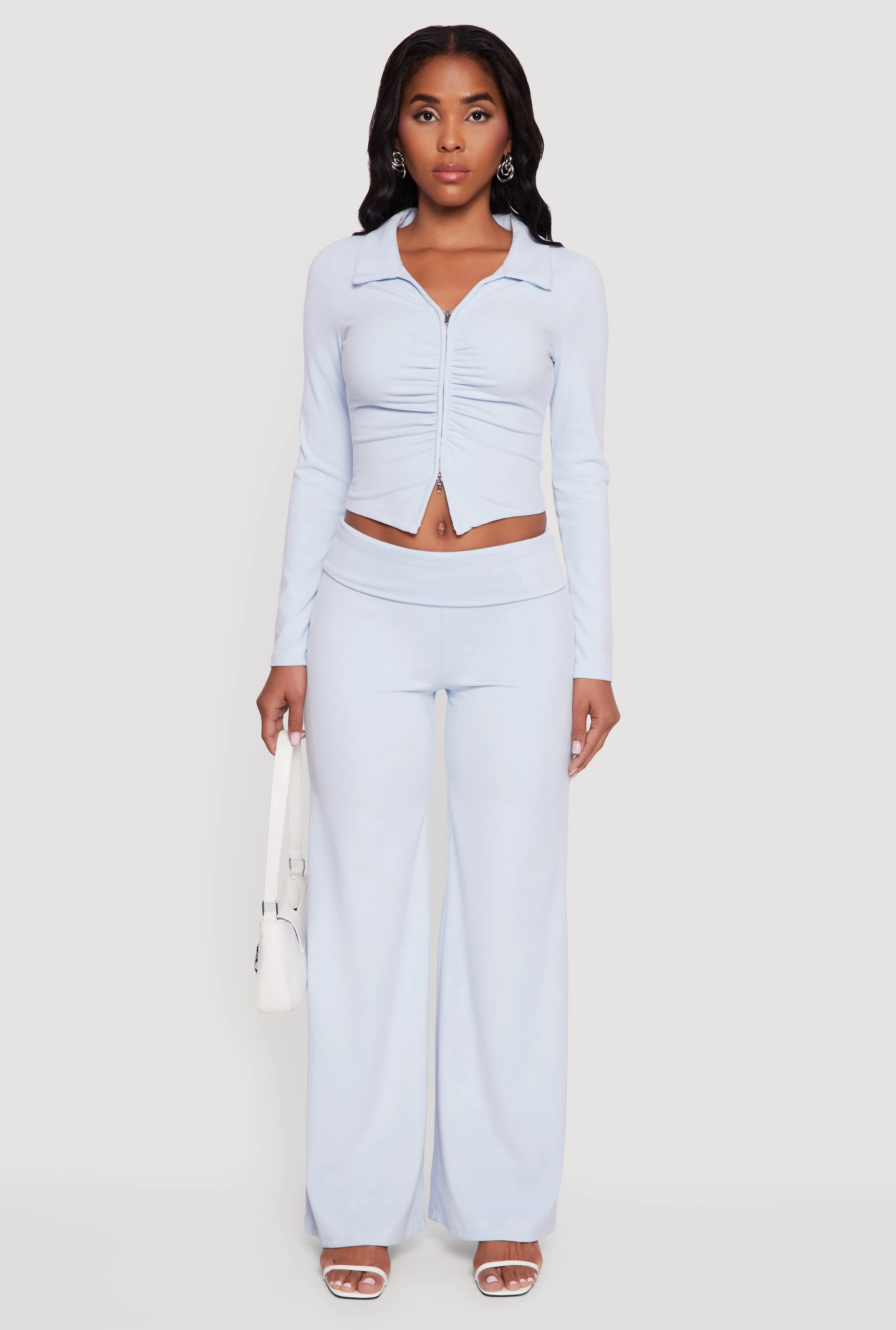 Gift Layered Shoulder Panels Brushed Rib Knit Ruched Double Zip Front Crop Top