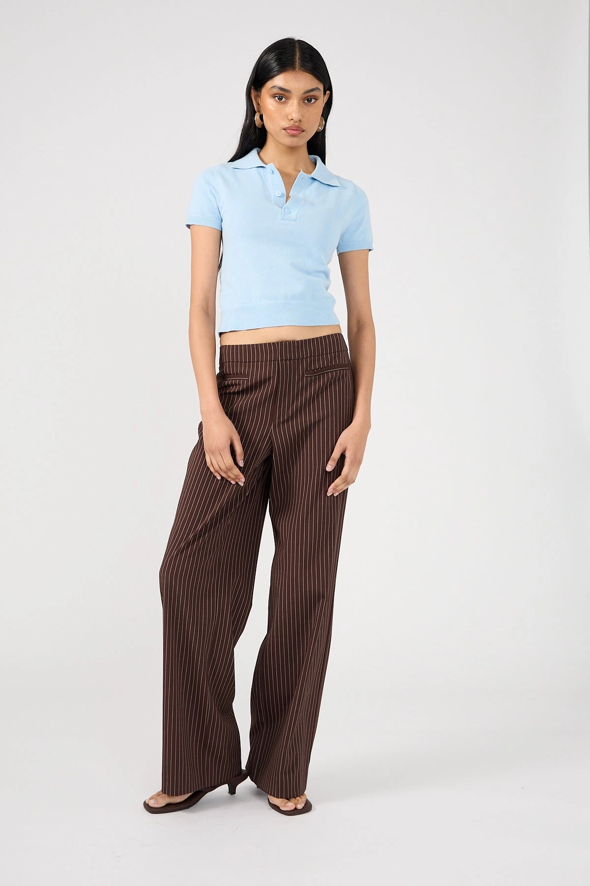 Perfect Stranger Odie Pinstripe Mid Rise Tailored Pant Brown Pinstripe Relaxed Waist Solid shade