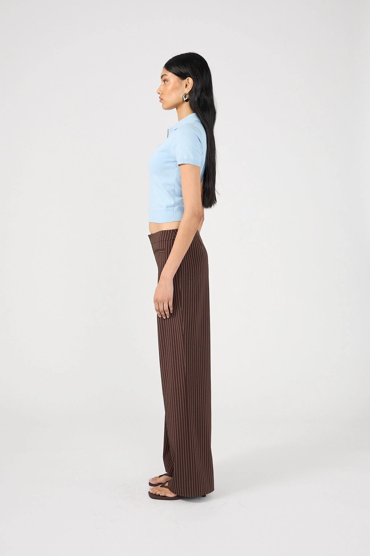 Perfect Stranger Odie Pinstripe Mid Rise Tailored Pant Brown Pinstripe Flared bottom Chilly Weather Wear
