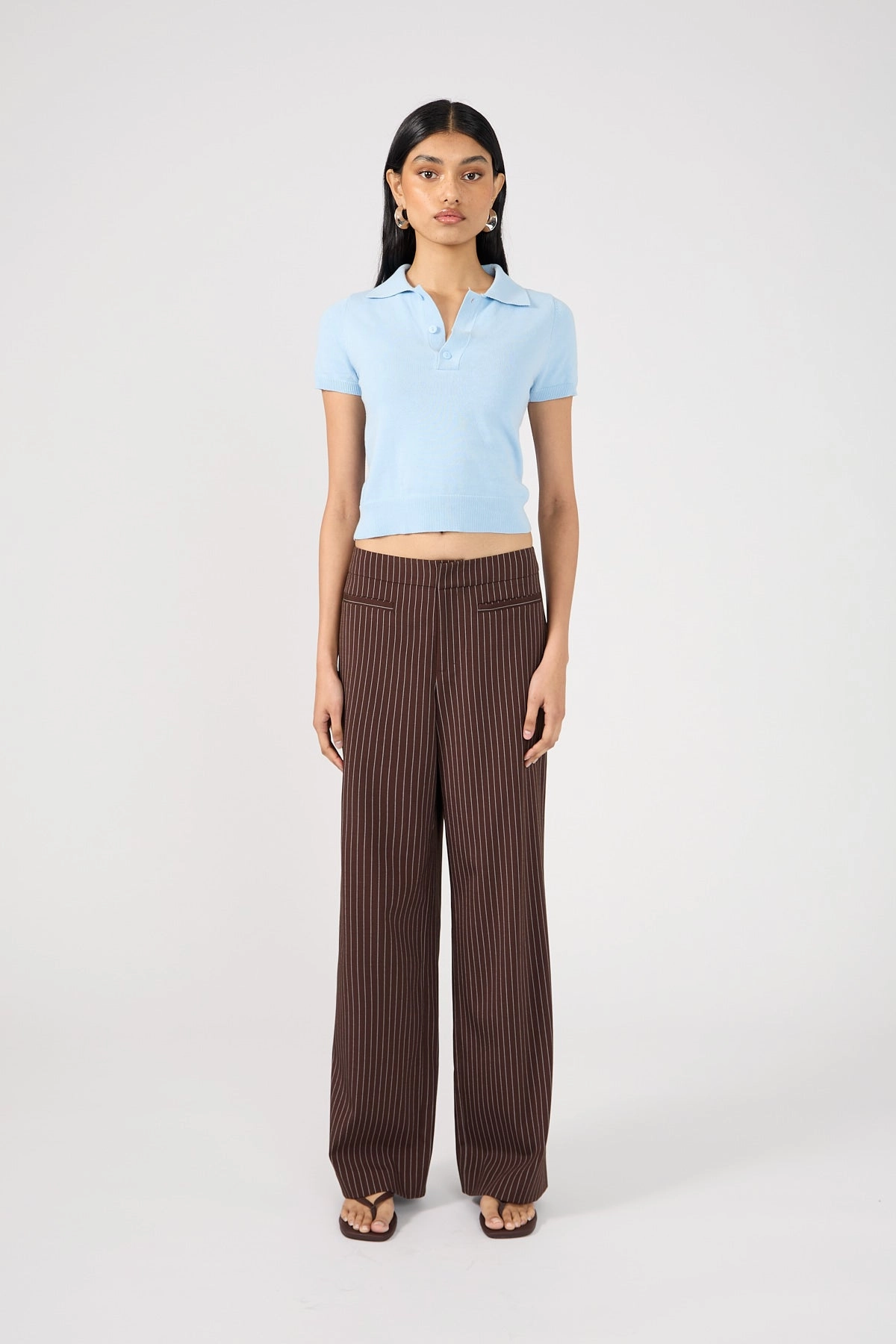 Perfect Stranger Odie Pinstripe Mid Rise Tailored Pant Brown Pinstripe Flexible Knee Articulation