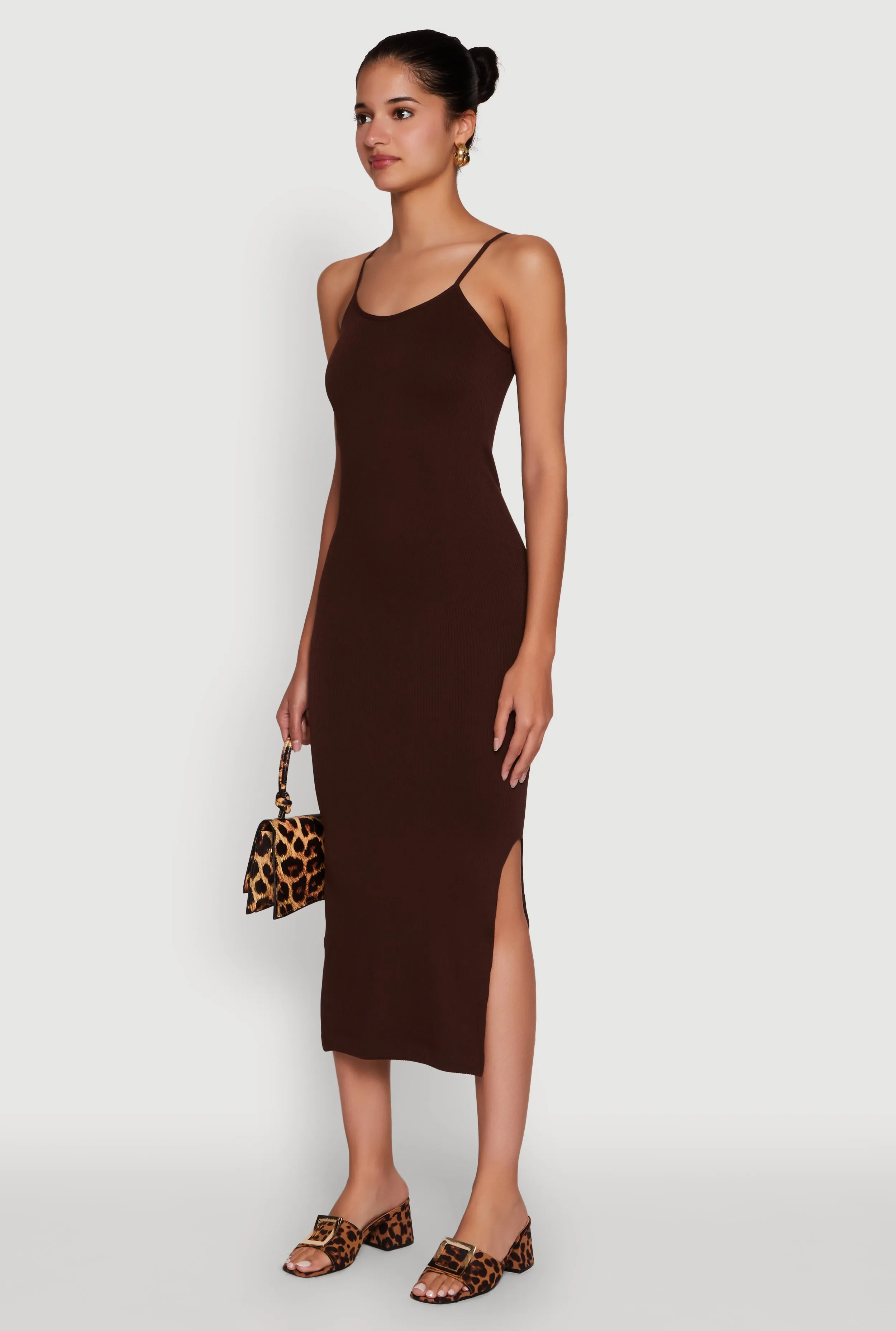 Trendy Ribbed Knit Side Slit Midi Dress Cold-Shoulder