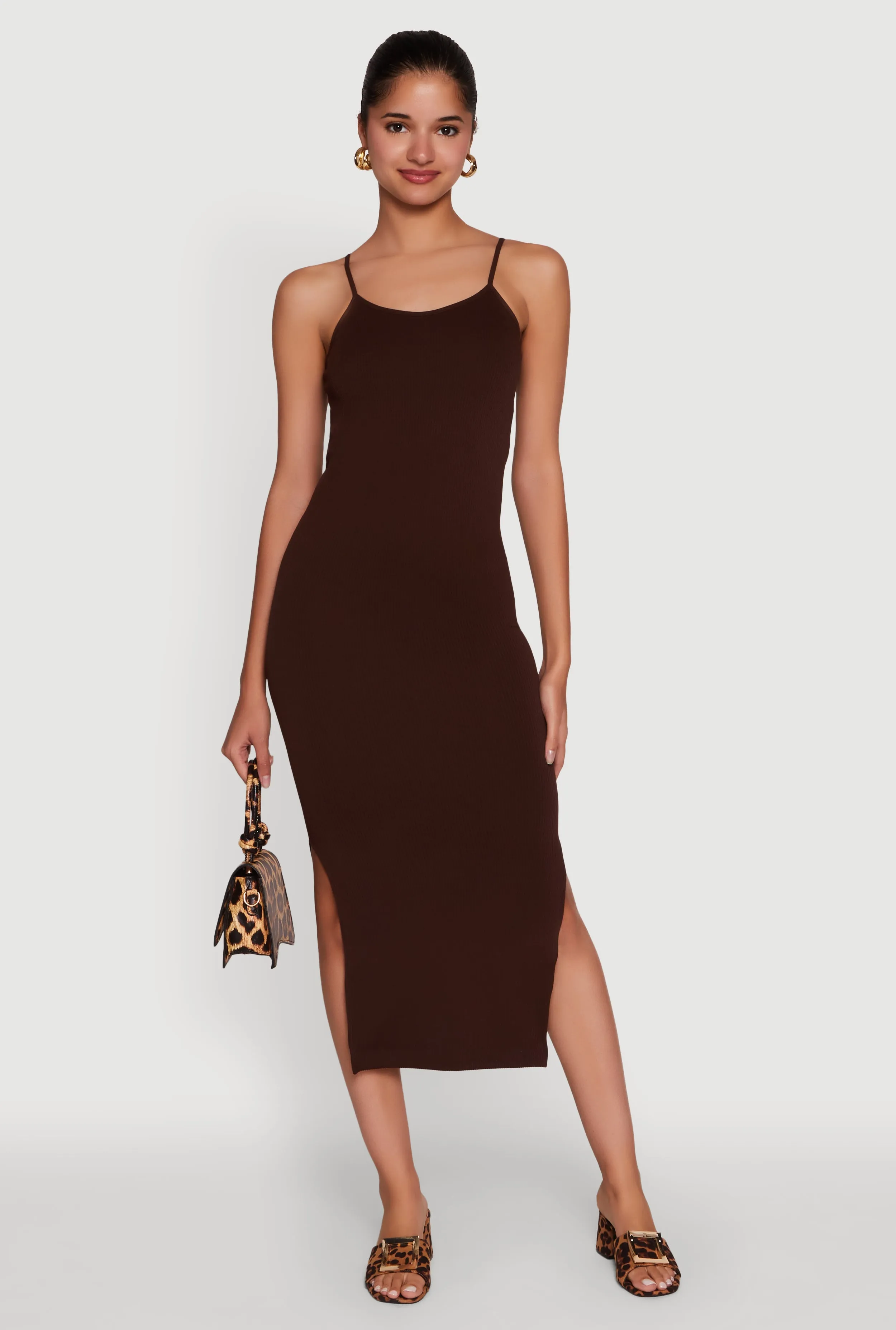Trendy Ribbed Knit Side Slit Midi Dress Solid-color