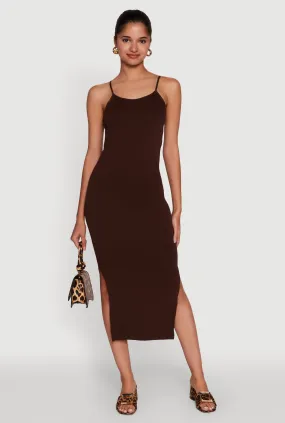Trendy Ribbed Knit Side Slit Midi Dress Solid-color