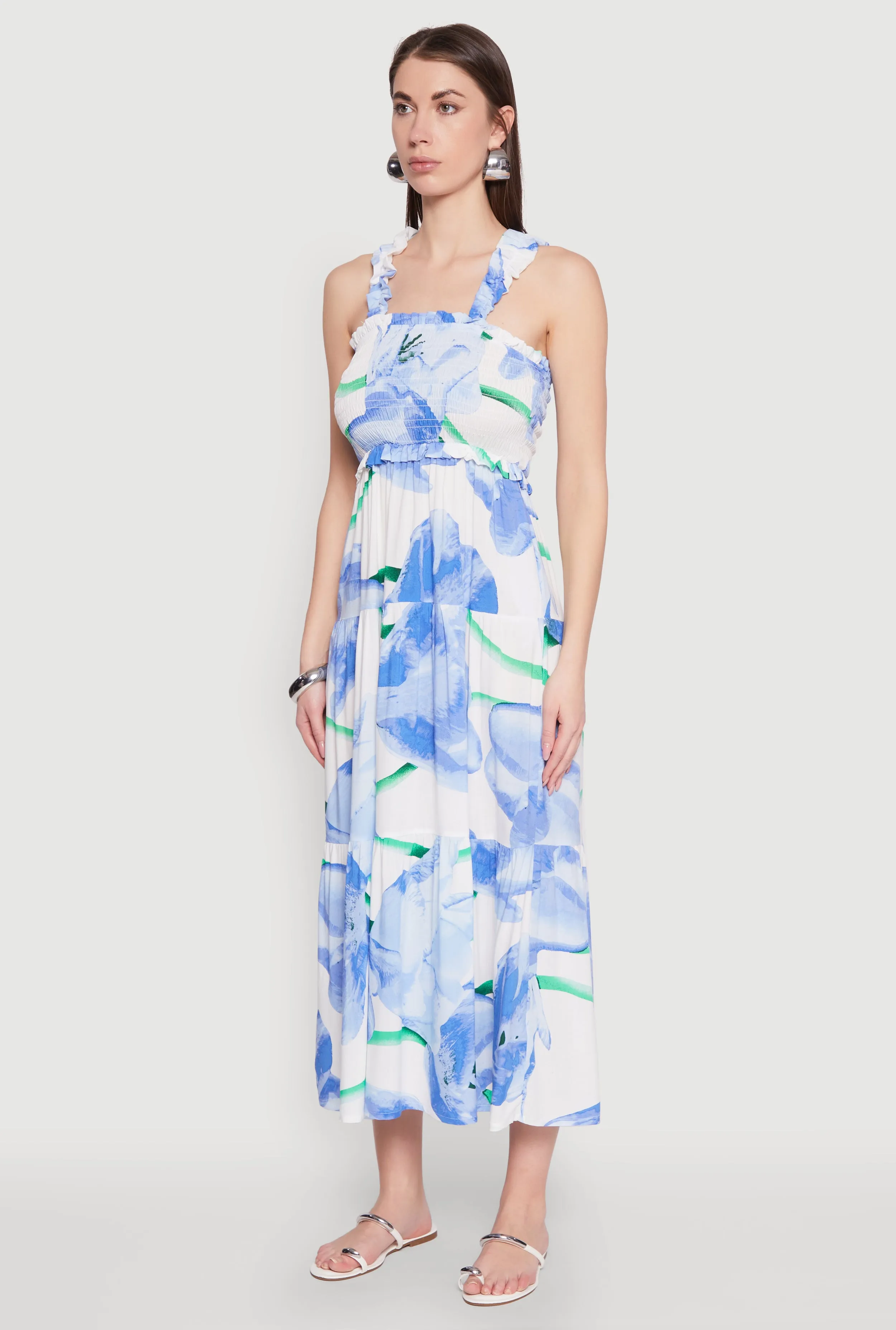 Floral Square Neck Tiered Midi Dress cut out Dinner Outfit