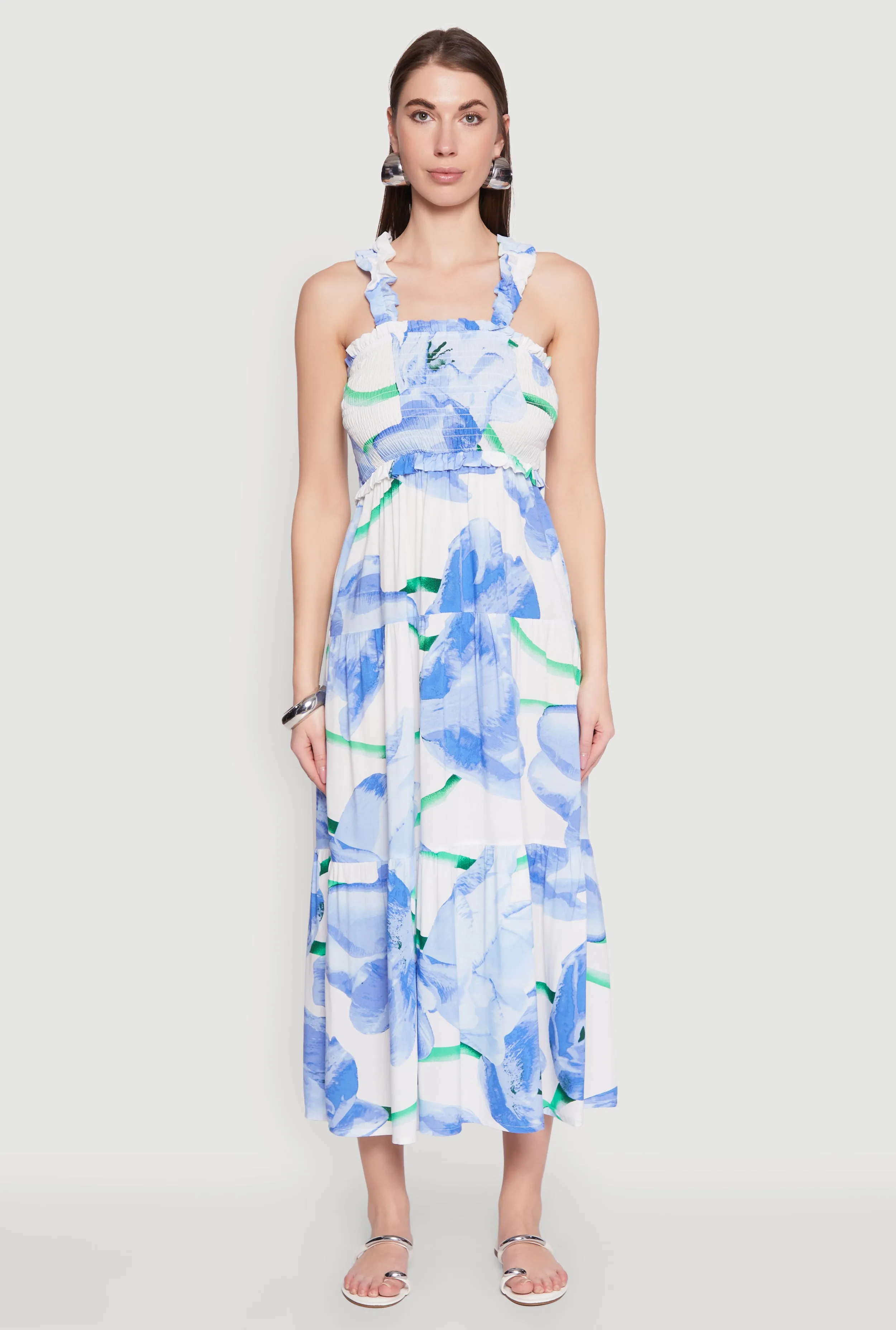 Daily Mood Floral Square Neck Tiered Midi Dress