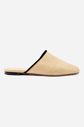 Venice Flat Mule In Beige Raffia and Black Trimming Casual Design