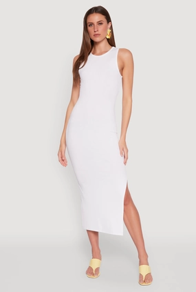 Crew Neck Rib Knit Side Slit Maxi Dress Soft Silhouette