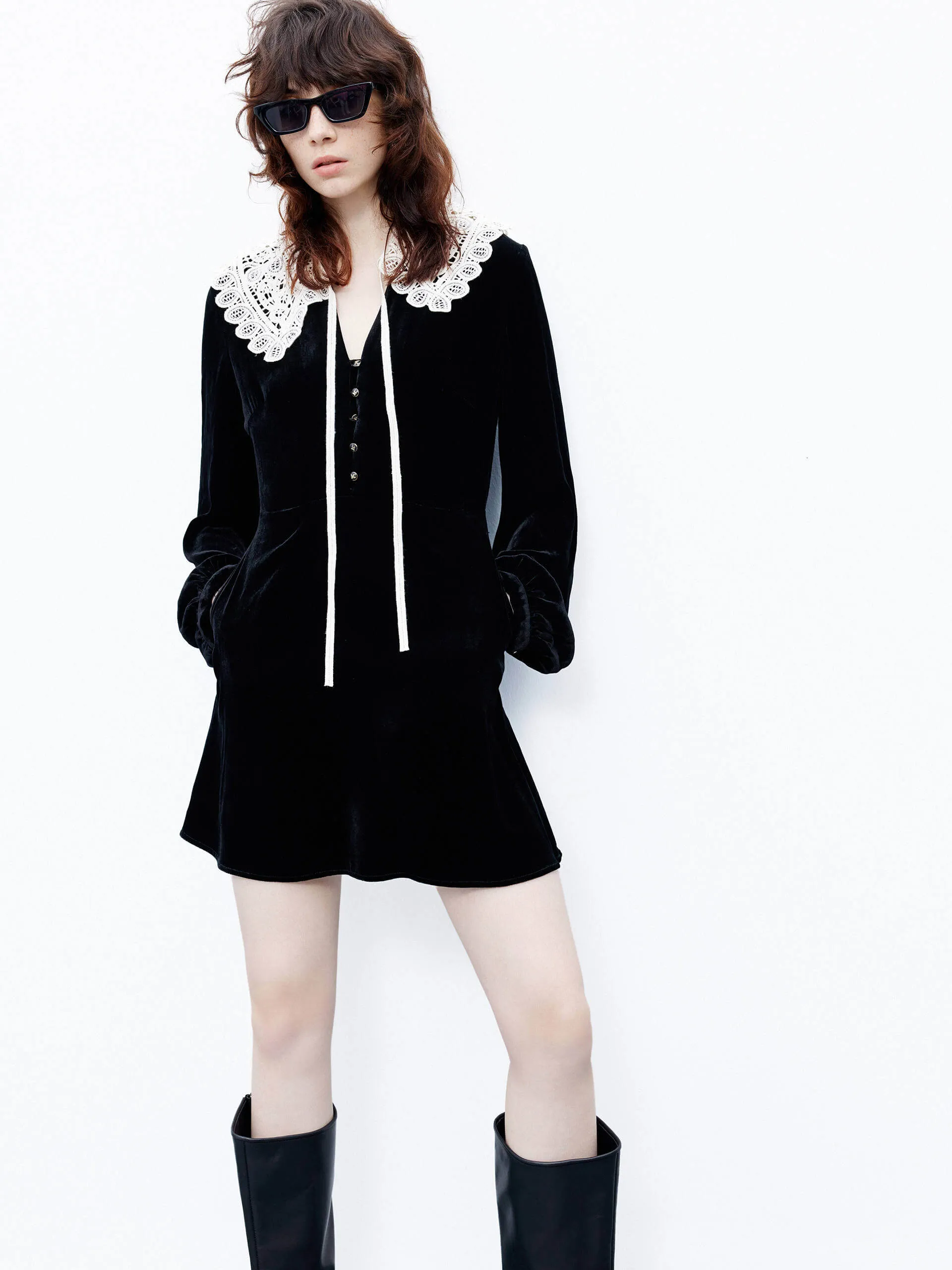 Detachable Lace Collar Dress Flowy Cut Flexible Style