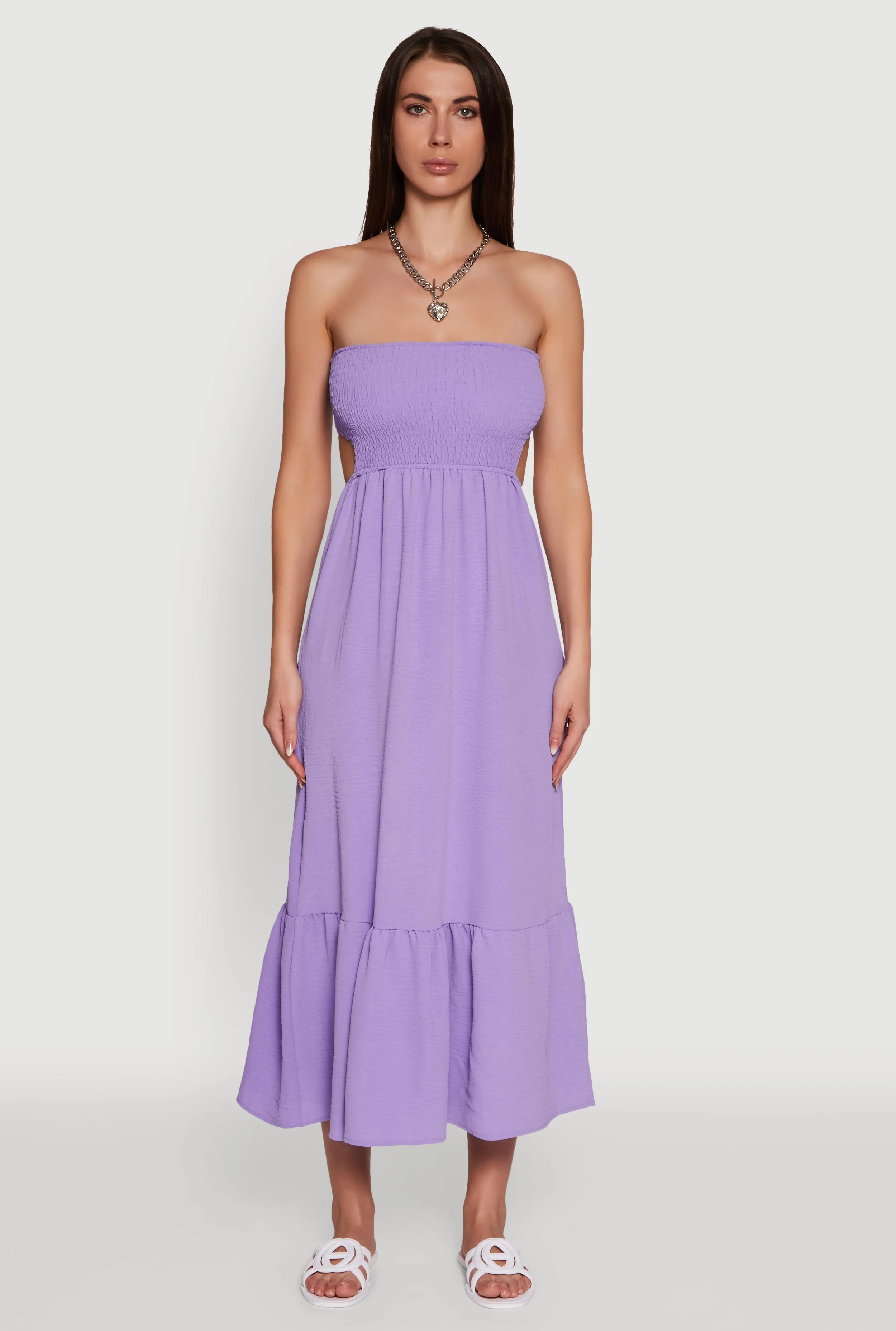 Trendy Smocked Strapless Keyhole Detail Tiered Dress Contemporary Vibe
