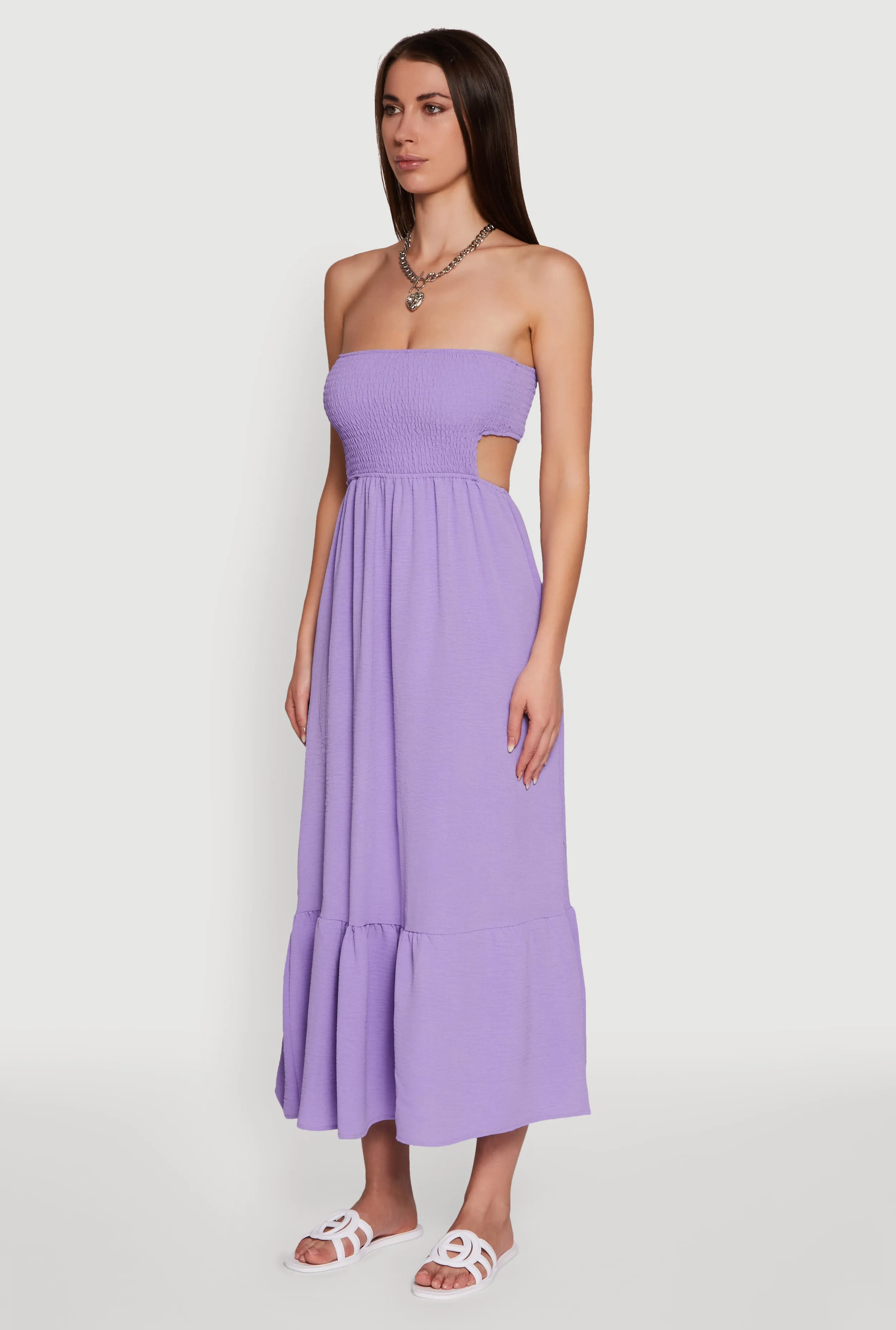 Trendy Smocked Strapless Keyhole Detail Tiered Dress Draped Silhouette